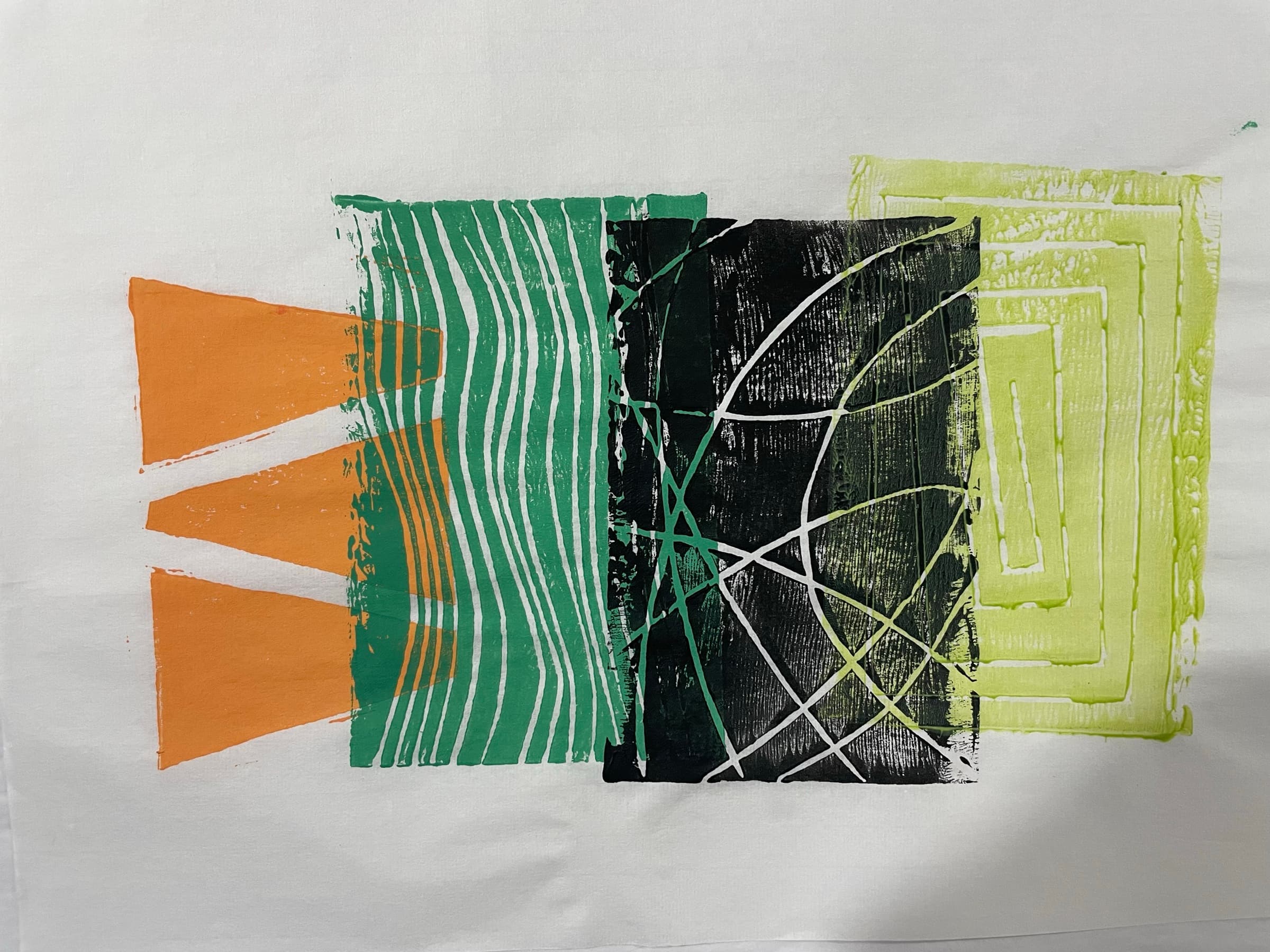 A multi-block relief print on cream paper: an orange block of two vertical triangles on the left, a green block of horizontal wavy stripes overprinted with orange chevrons, a black block of wild looping line work in the center, and a chartreuse-on-white concentric rectangle block on the right. Four hand-carved plates printed in sequence and intentionally misregistered.