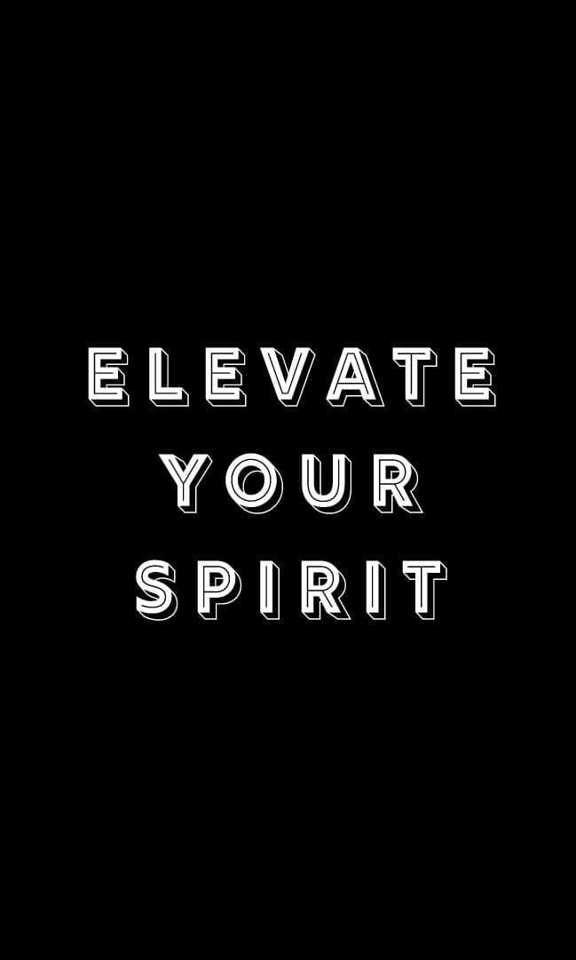 A digital card-face study: black field with ELEVATE YOUR SPIRIT set in chunky 3D outlined display caps stacked across three lines, white outlines with a subtle drop shadow giving the type a marquee-light feel.