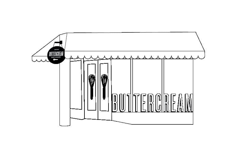 Storefront mockup, line drawing variant 1: simple BUTTERCREAM wordmark on the front window, the round badge sign hanging from the awning bracket on the left, plain striped awning above.