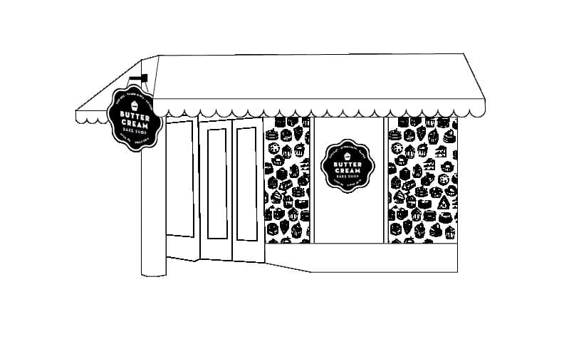 Storefront mockup, line drawing variant 3: cupcake-pattern wallpaper on the side windows wrapping the picture window, the round badge re-applied at the centerline as a cleared-out window decal, awning bracket sign on the left.
