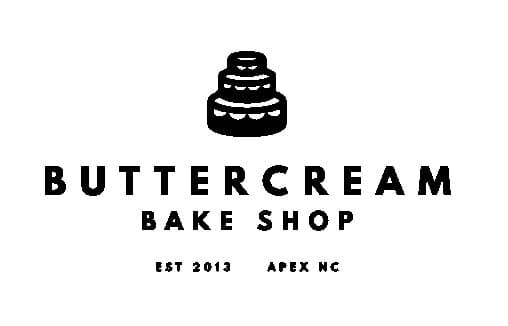 The simplified Buttercream wordmark: a small line-drawn three-tier cake icon centered above BUTTERCREAM in tracked sans caps, BAKE SHOP underneath, EST 2013 / APEX NC at the bottom in tiny tracked caps.