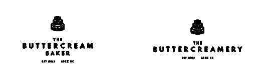 Two sub-brand wordmarks side by side on a white ground: THE BUTTERCREAM BAKER and THE BUTTERCREAMERY, each with a small cake icon above and EST 2013 / APEX NC underneath in matching tracked caps.