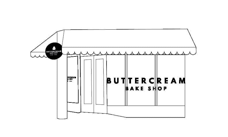 Storefront mockup, line drawing variant 2: BUTTERCREAM BAKE SHOP set on the picture window in caps, the round badge sign on the awning bracket, no decorative pattern on the side windows.