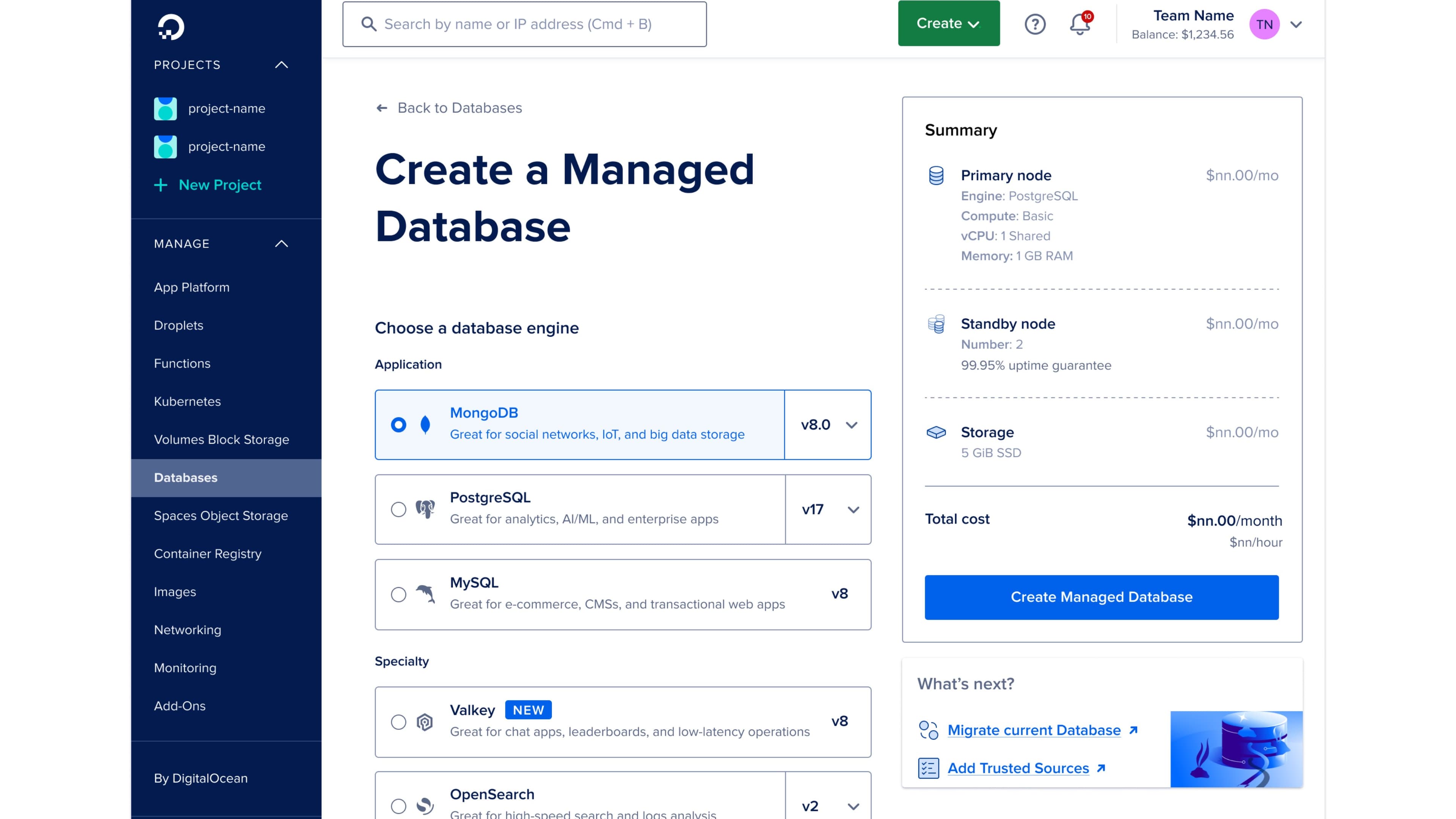 The DigitalOcean Create a Managed Database screen. A radio-button list of engines runs down the page: MongoDB, PostgreSQL, MySQL, Valkey, OpenSearch. The right rail shows a Summary card with primary node engine, compute tier, storage, and a total cost line.