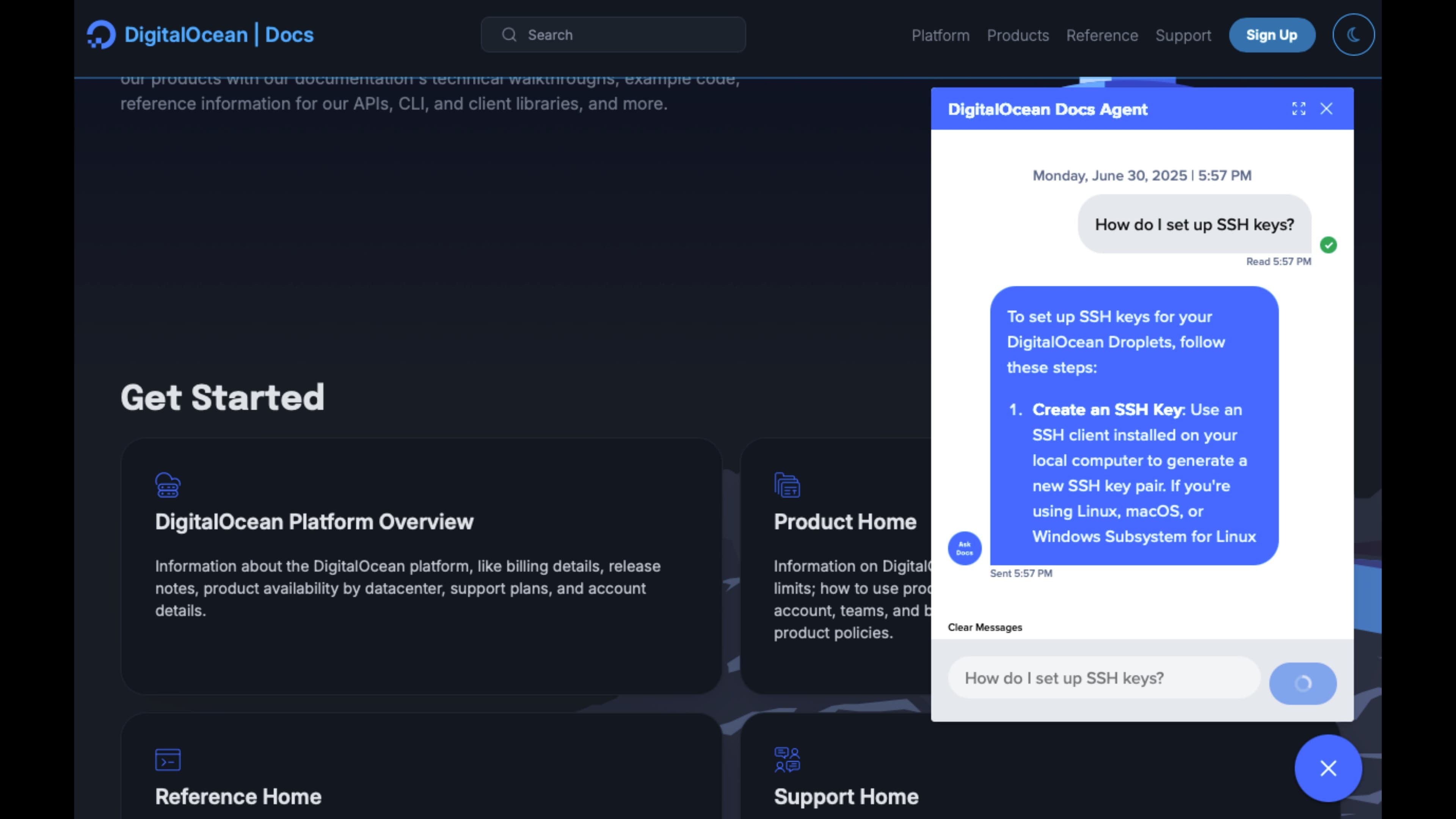 The DigitalOcean docs assistant answering a question with cited, well-formatted steps.