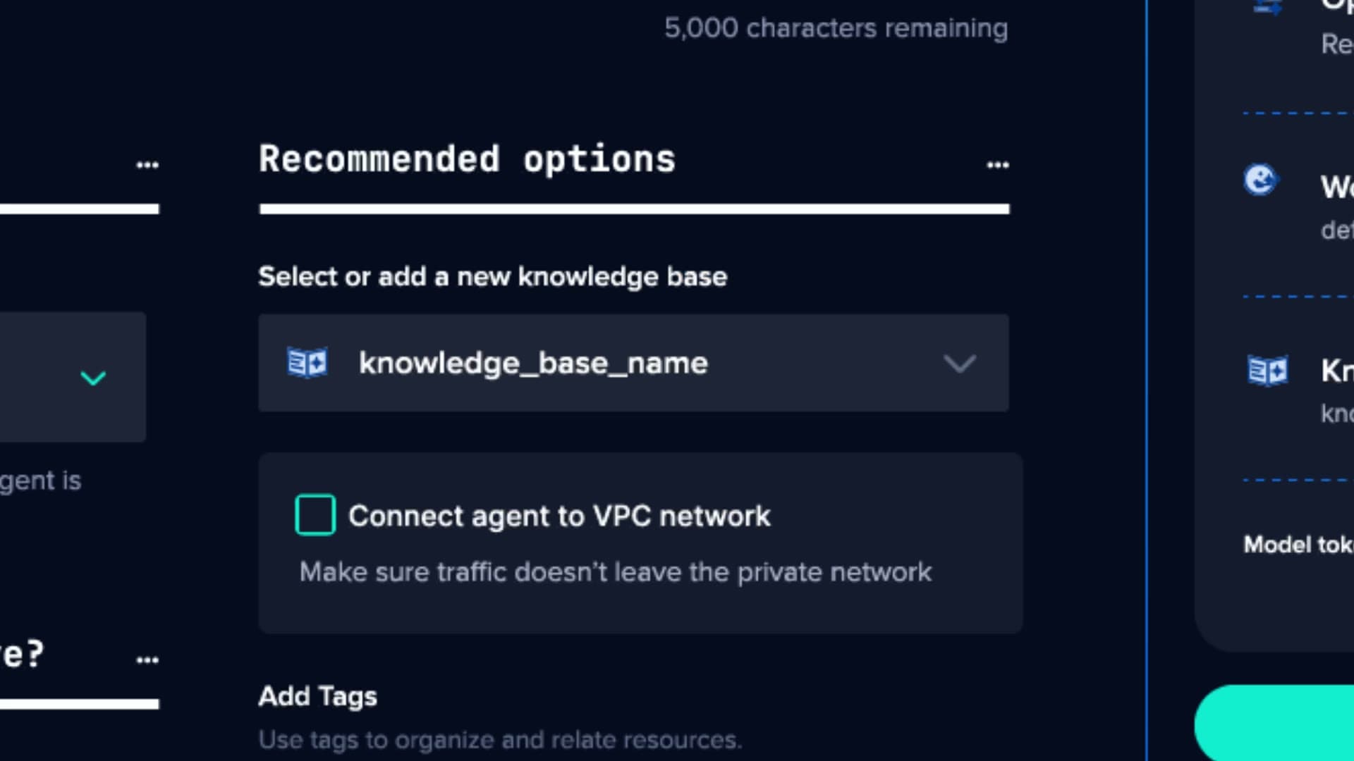 An agent setup screen: 'Recommended options' panel for adding a knowledge base, a checkbox to 'Connect agent to VPC network' with the helper text 'Make sure traffic doesn't leave the private network,' and an 'Add Tags' section below