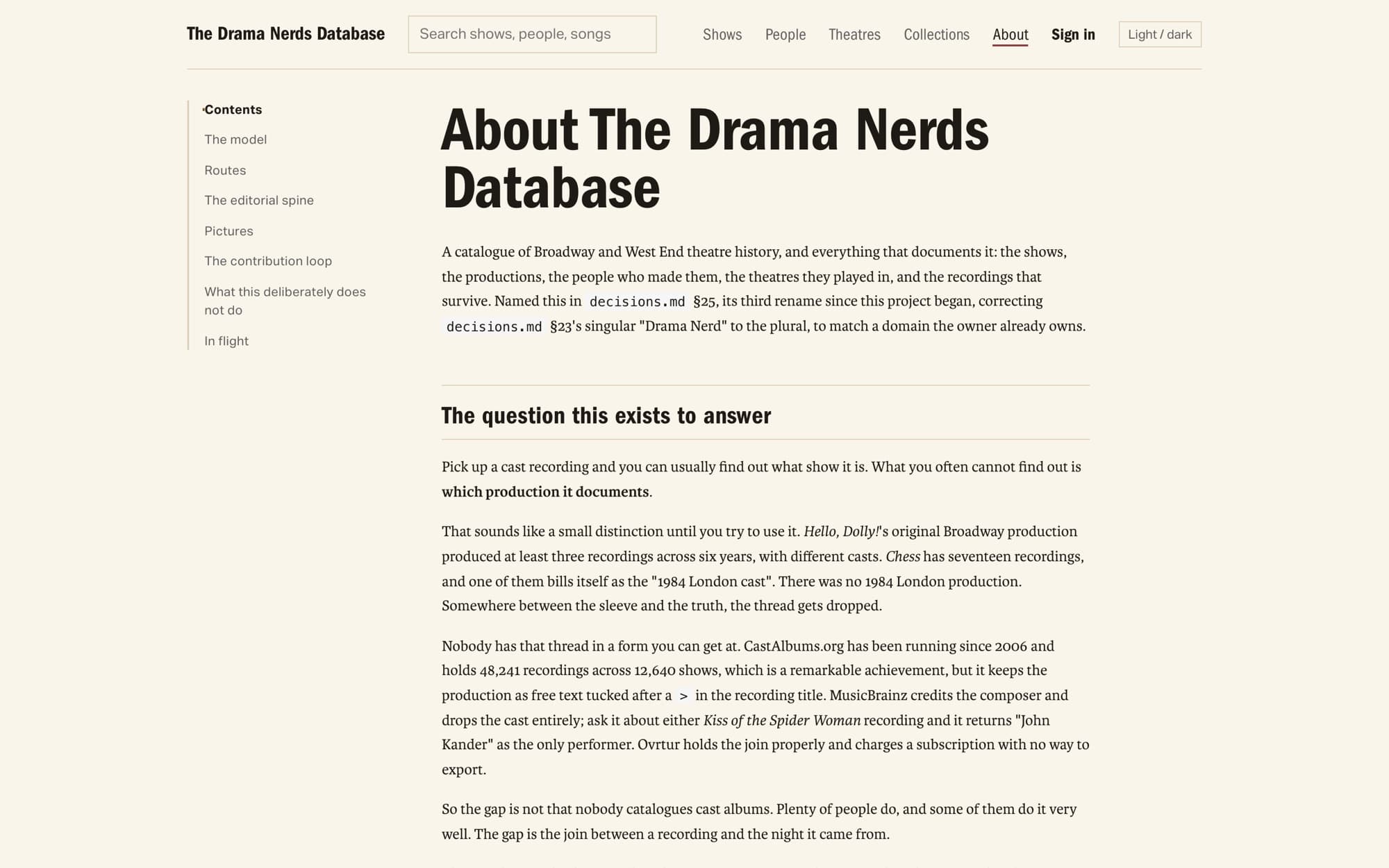 The About page of The Drama Nerds Database, with a contents rail on the left and a section headed 'The question this exists to answer': pick up a cast recording and you can usually find out what show it is, but not which production it documents.