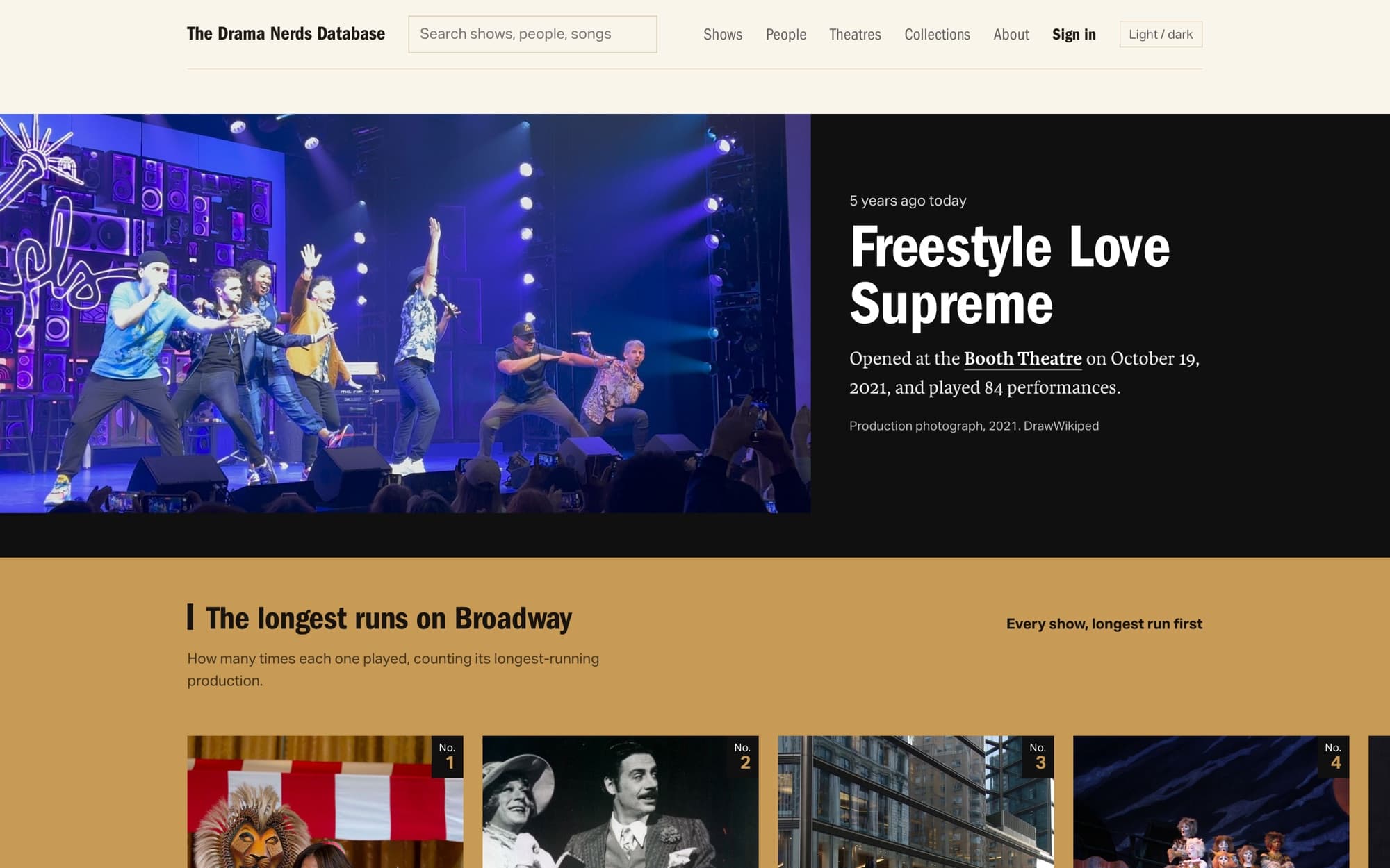 The Drama Nerds Database home page on the day Freestyle Love Supreme opened five years earlier: a full-width production photograph of the cast mid-song, a black panel reading 'Opened at the Booth Theatre on October 19, 2021, and played 84 performances,' and below it an ochre band titled The longest runs on Broadway with numbered show tiles.