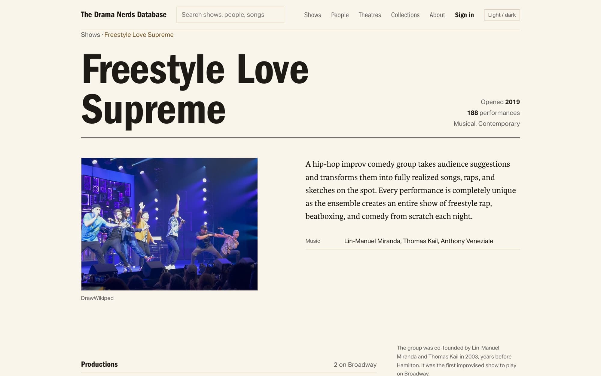 A show page for Freestyle Love Supreme: the title set huge in condensed black type over cream, opening year and performance count in the right margin, a production photograph, and a serif description with the music credit for Lin-Manuel Miranda, Thomas Kail, and Anthony Veneziale.