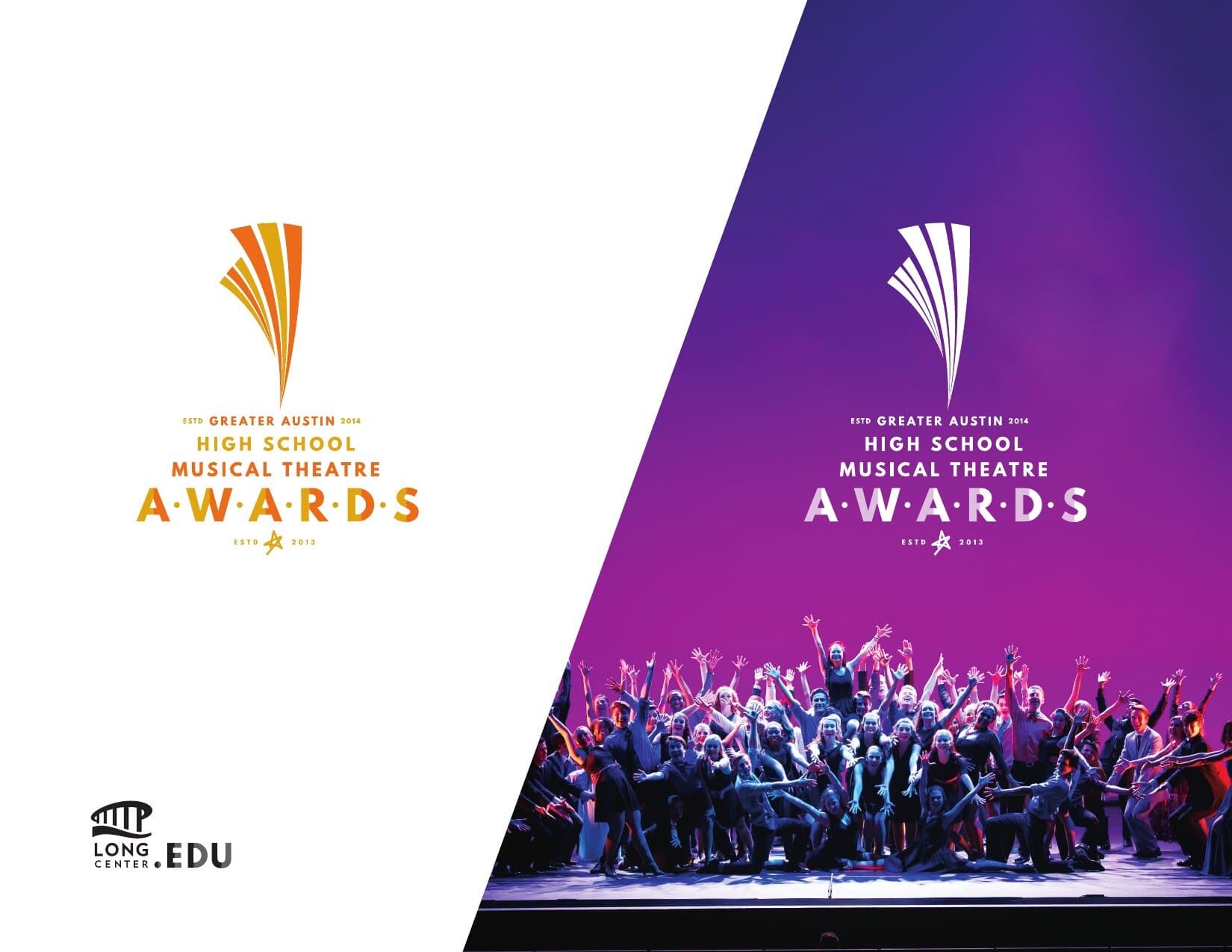 The Awards split-billboard application: the orange Awards lockup on a white panel on the left, a diagonal cut, and a deep purple panel on the right showing a black-silhouette photograph of the awards cast cheering on stage with arms raised, the white Awards mark mirrored on the right panel.