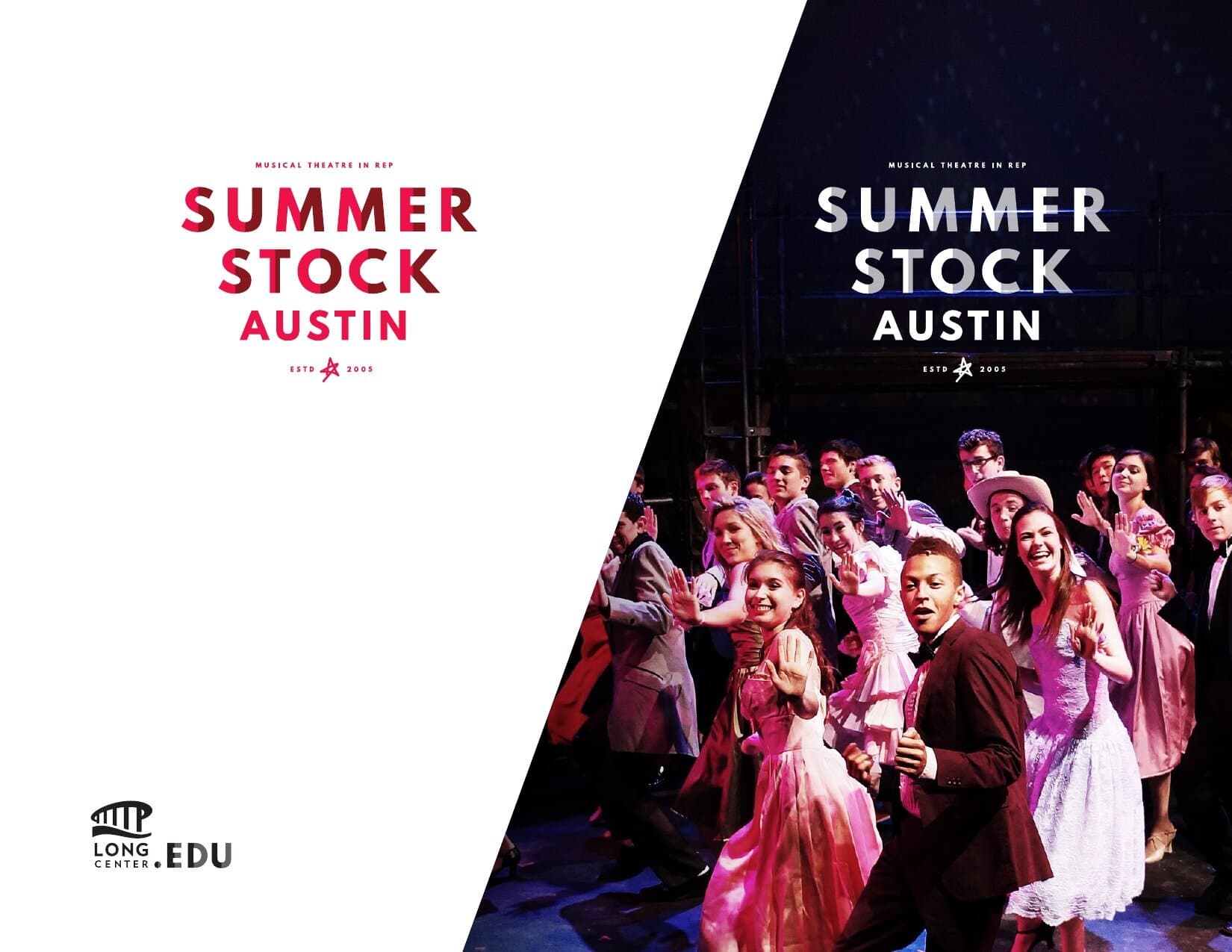 Summer Stock Austin split-billboard application: red Summer Stock lockup on a white panel, diagonal cut, then a black-and-magenta lit photograph of the Summer Stock cast in mid-musical-number on the right.