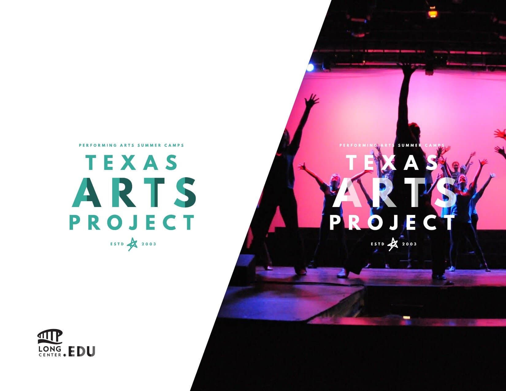 Texas Arts Project split-billboard application: teal TAP lockup on a white panel, diagonal cut, then a hot-pink stage-lit photograph of TAP campers reaching toward the rafters with arms outstretched.