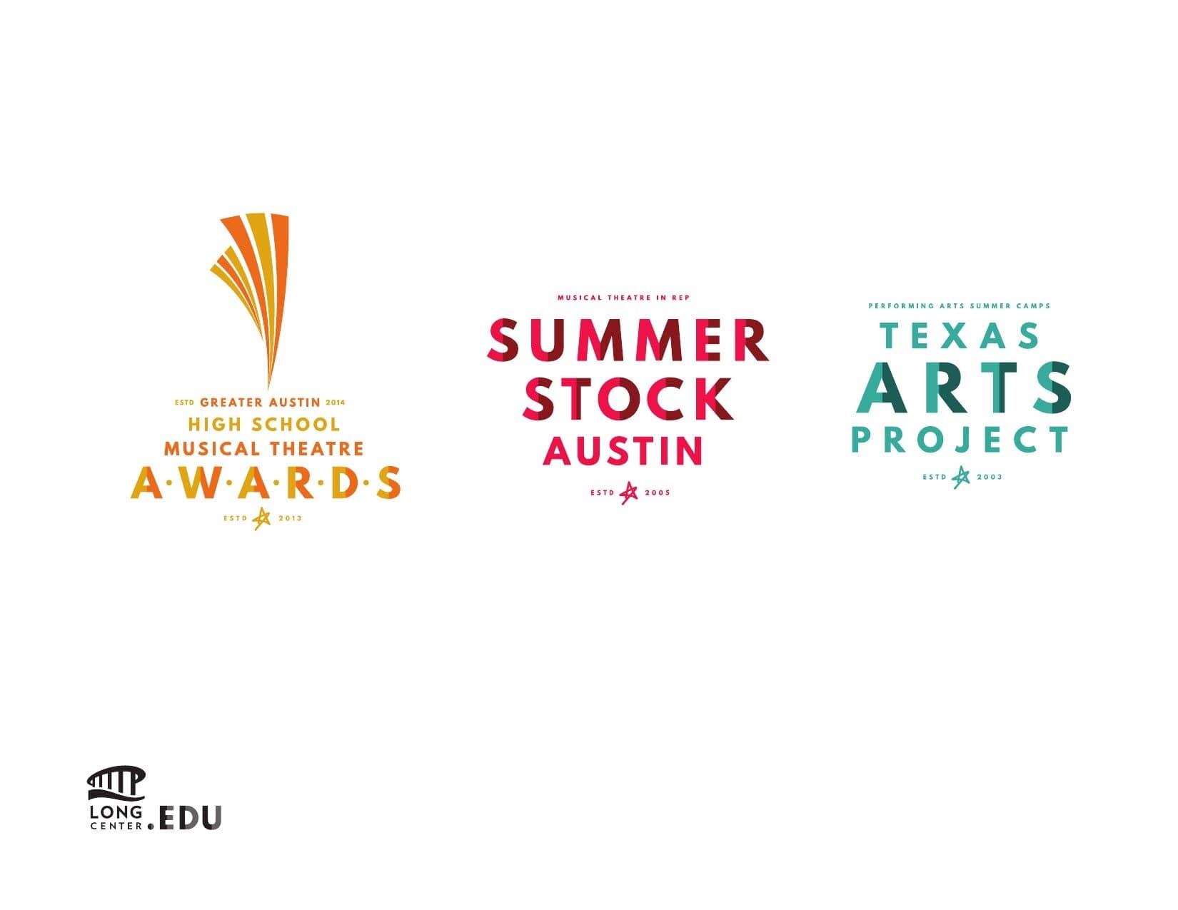 Three program marks side by side on a white ground: the High School Musical Theatre AWARDS lockup with its orange fanned-beam icon and gold A·W·A·R·D·S type; SUMMER STOCK AUSTIN in red display sans with 'Musical Theatre in Rep' as a small kicker; TEXAS ARTS PROJECT in teal with 'Performing Arts Summer Camps' set above. The LongCenter.EDU master mark — a stylized arched bridge silhouette with the dot-EDU lockup — anchors the bottom-left.