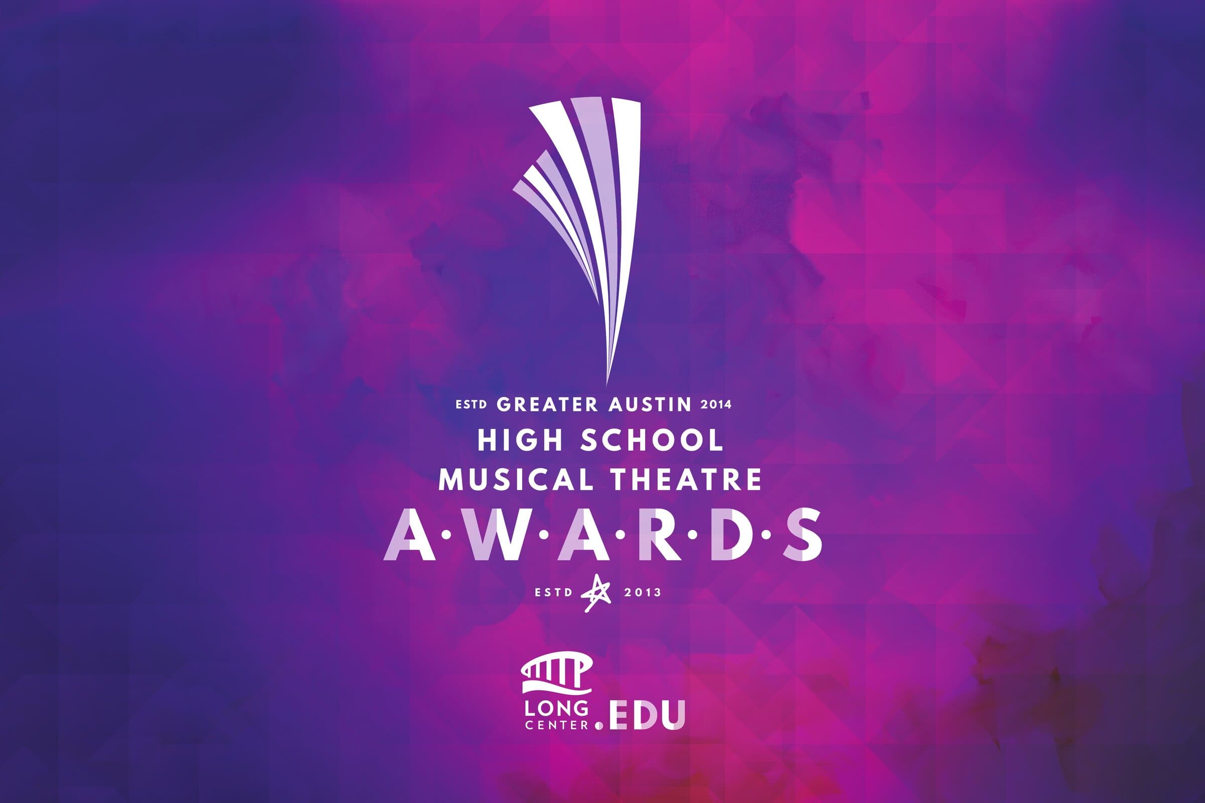 A purple-and-magenta watercolor poster for the Greater Austin High School Musical Theatre Awards: a soft cloud of ink wash ground with the white Awards mark — a fanned beam of stripes — set above the program lockup. Long Center .EDU sits small at the bottom.