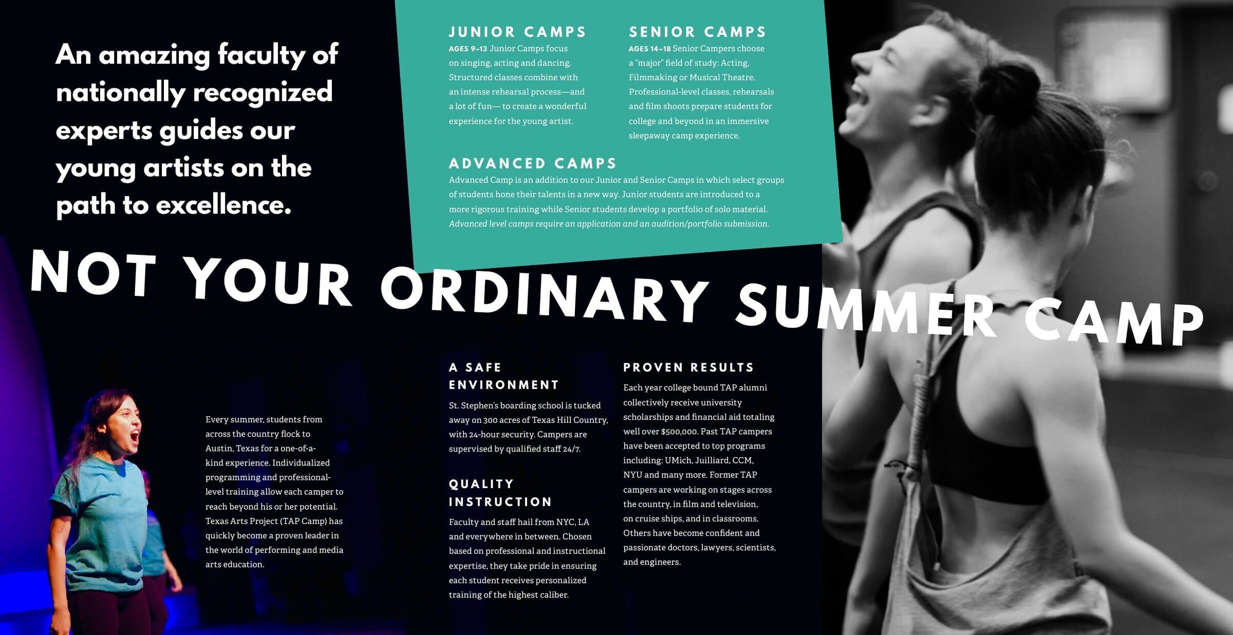 Trifold inside spread: across three panels, the Summer Stock Austin lockup at top-right on a hot-magenta block, an angled diagonal reveal of a stage-lit photograph of the Summer Stock cast mid-number, and the Long Center education and outreach mark anchoring the lower-left.