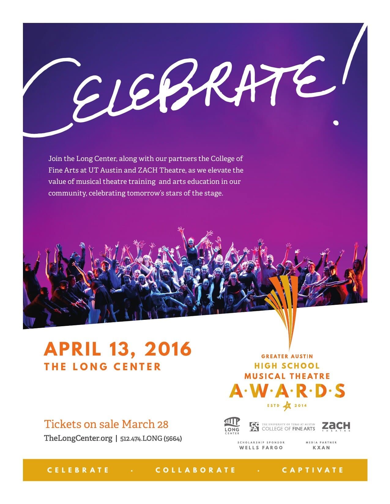 The Devo Heller Awards flyer: deep purple and magenta sky with a CELEBRATE! hand-script headline running across the top, an arm-raised group photograph of cheering students against the wash, the date and venue (April 13, 2016, The Long Center) below, and the Awards lockup centered with the Long Center / UT College of Fine Arts / ZACH partner logos.