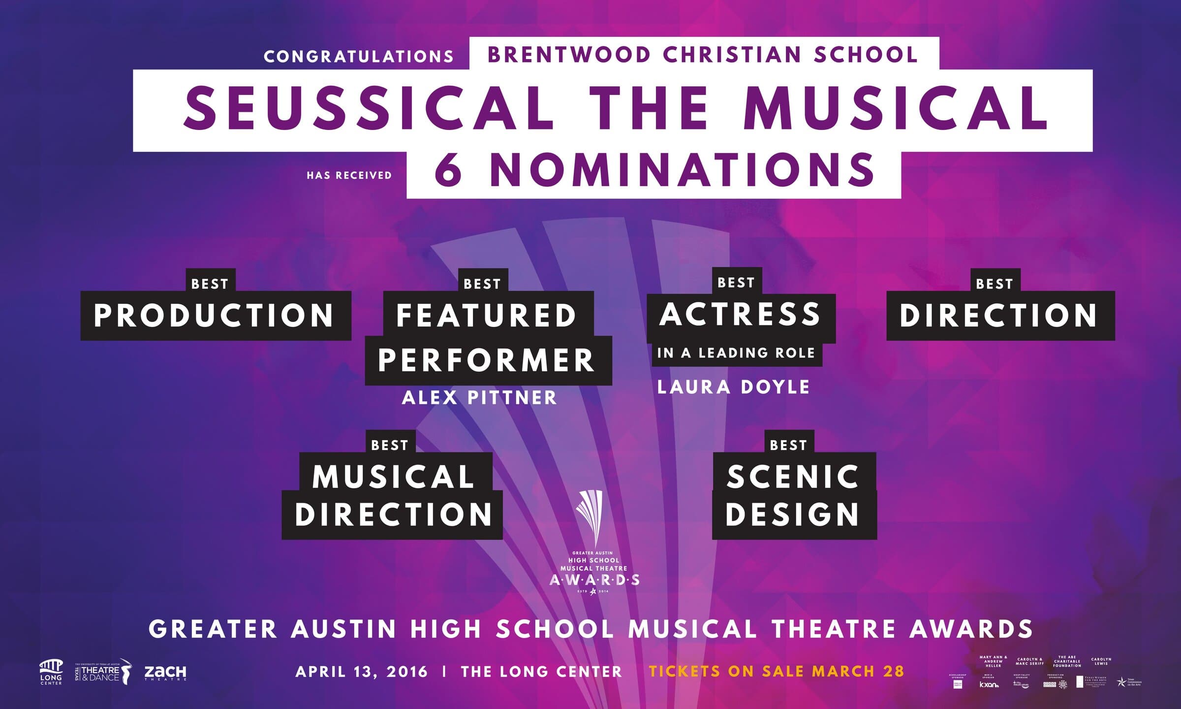 Brentwood Christian School nomination banner: same violet-to-magenta ground, CONGRATULATIONS BRENTWOOD CHRISTIAN SCHOOL banner across the top, SEUSSICAL THE MUSICAL has received 6 NOMINATIONS, six black nomination cards spanning Best Production, Best Featured Performer (Alex Pittner), Best Actress in a Leading Role (Laura Doyle), Best Direction, Best Musical Direction, Best Scenic Design, with the Awards lockup centered below and the partner logos along the bottom edge.