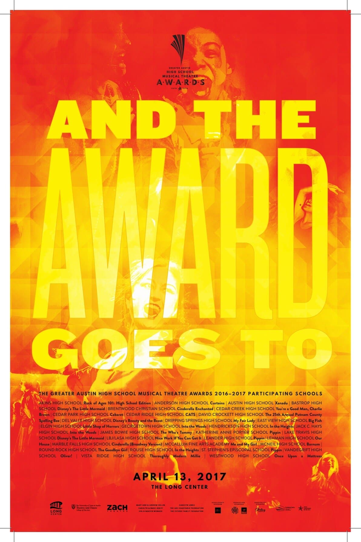 The participant poster: a red-and-yellow duotone halftone of high-school cast members with arms in the air, with AND THE AWARD GOES TO set in chunky overprinted yellow caps across three lines. A footer block lists every participating school and production for the season. The Awards lockup floats top-center with ESTD 2014.