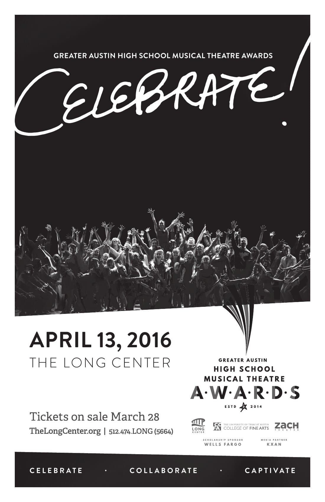 The black-and-white program ad version: GREATER AUSTIN HIGH SCHOOL MUSICAL THEATRE AWARDS set above a CELEBRATE! hand-script over a black panel, a documentary BW photograph of the cheering cast at the bottom, the Awards lockup pulled out to the right with the date and venue, and the Long Center pillar callout (Celebrate · Collaborate · Captivate) on the bottom band.
