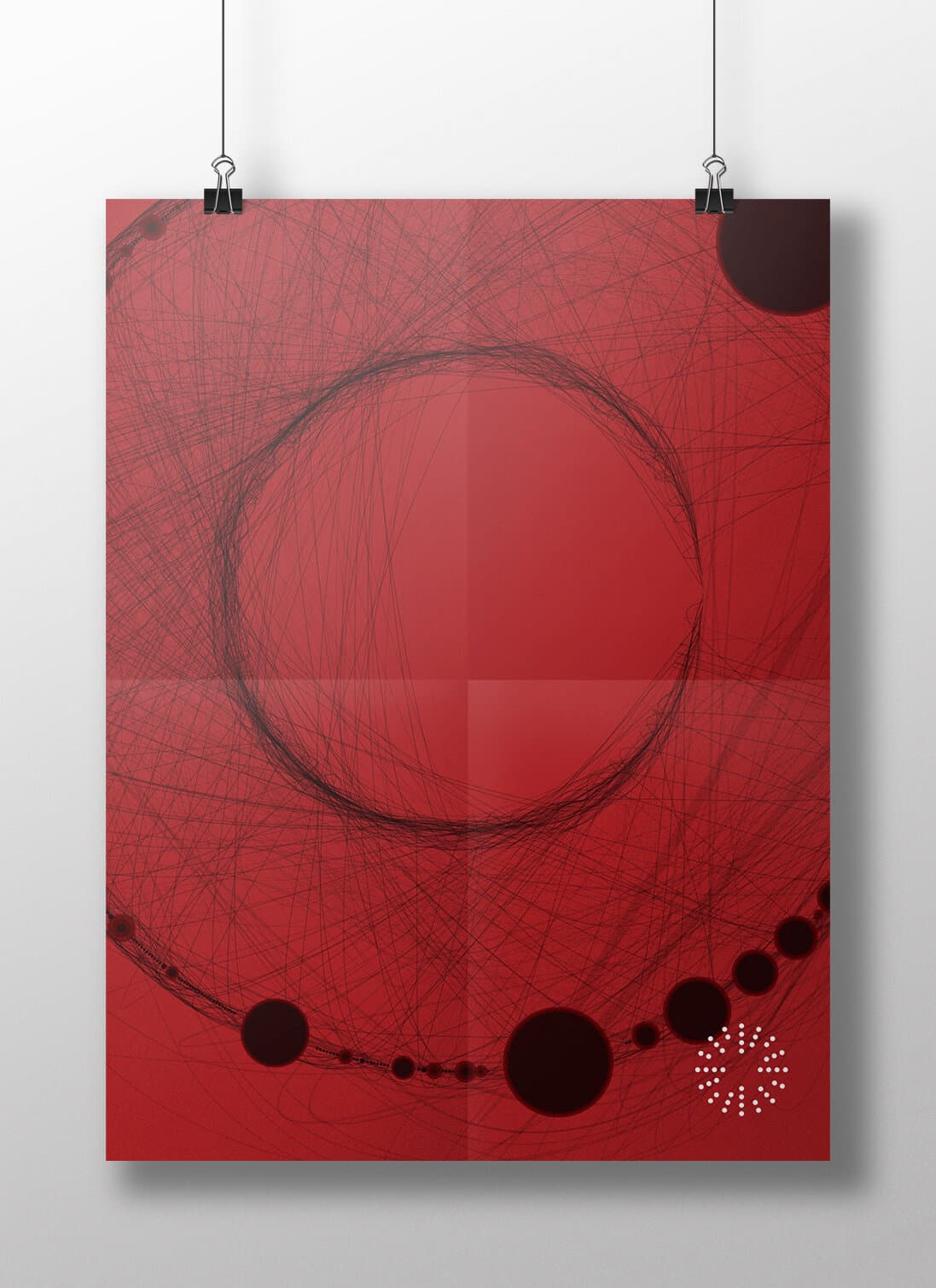 Signet Education abstract poster: a deep red sheet with overlapping pencil-arc circles drawn across the surface, the dotted Signet mark sitting low and small in the corner like a stamp.