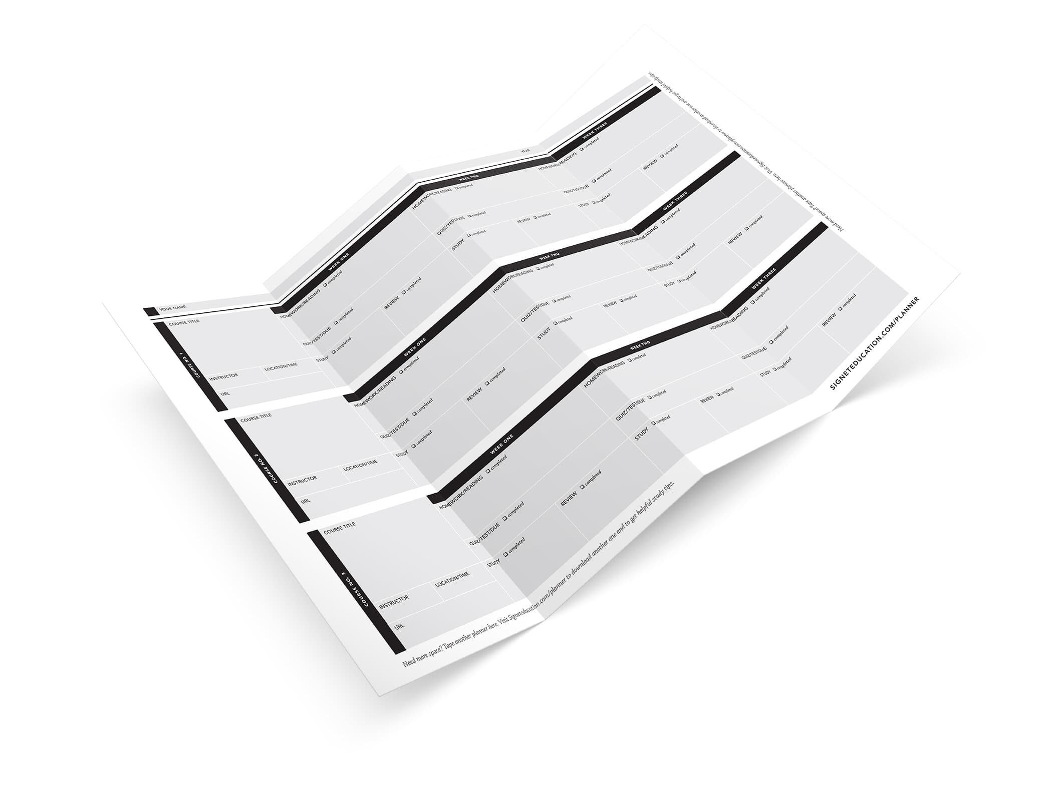 The fold-out planner sheet inside the trifold: a wide grid for Course No. 1 / 2 / 3 broken into Week One / Two / Three with rows for Homework, Quiz, Study, and Review. Set in the Signet display sans with the URL signeteducation.com/planner running down one edge.