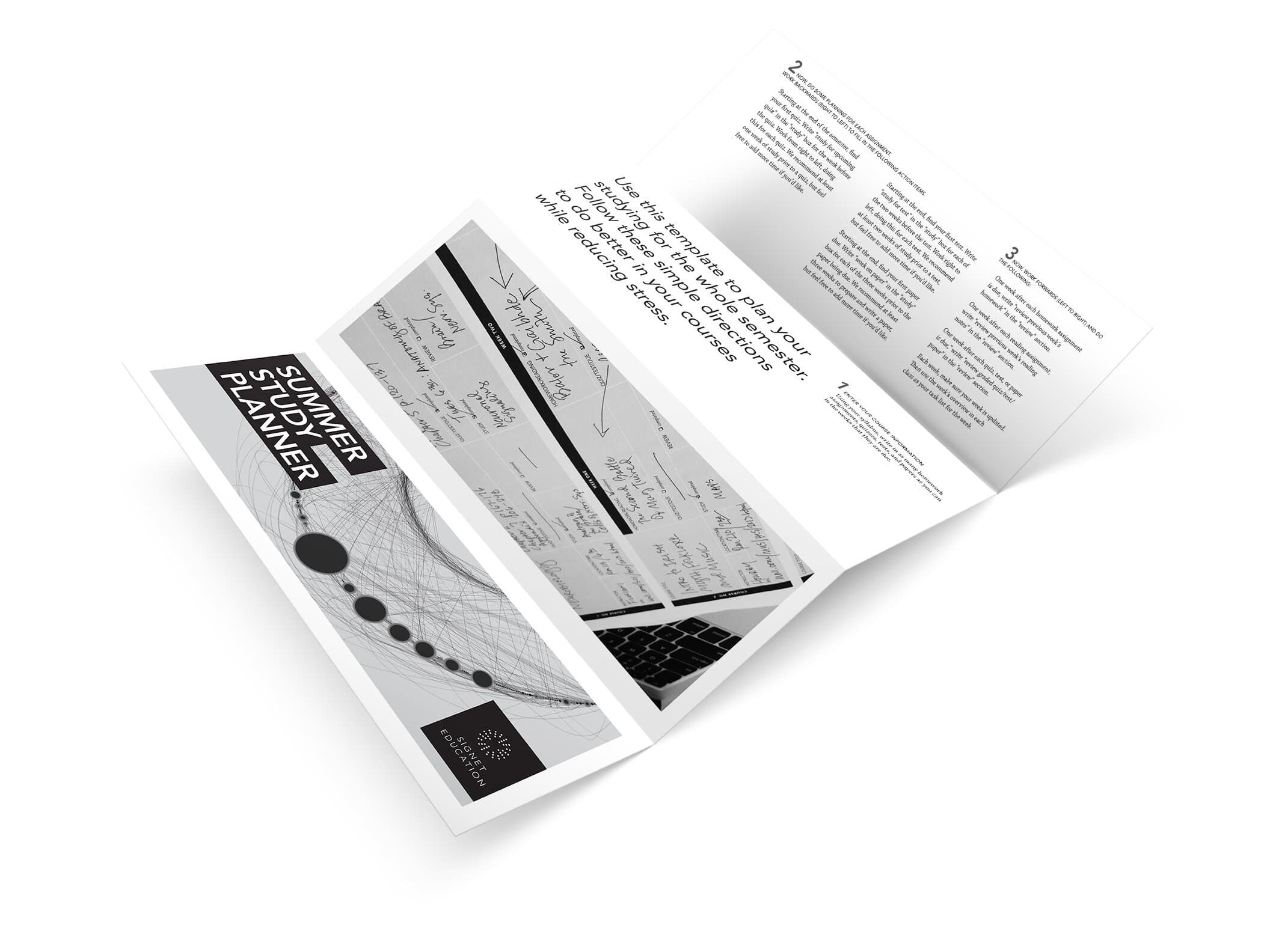 The Summer Study Planner trifold open at an angle: cover panel reads SUMMER STUDY PLANNER set vertically in chunky display, a sketched schedule fills the central panel, and 'Use this template to plan your studying for the whole semester' is set in italic serif on the inner flap.