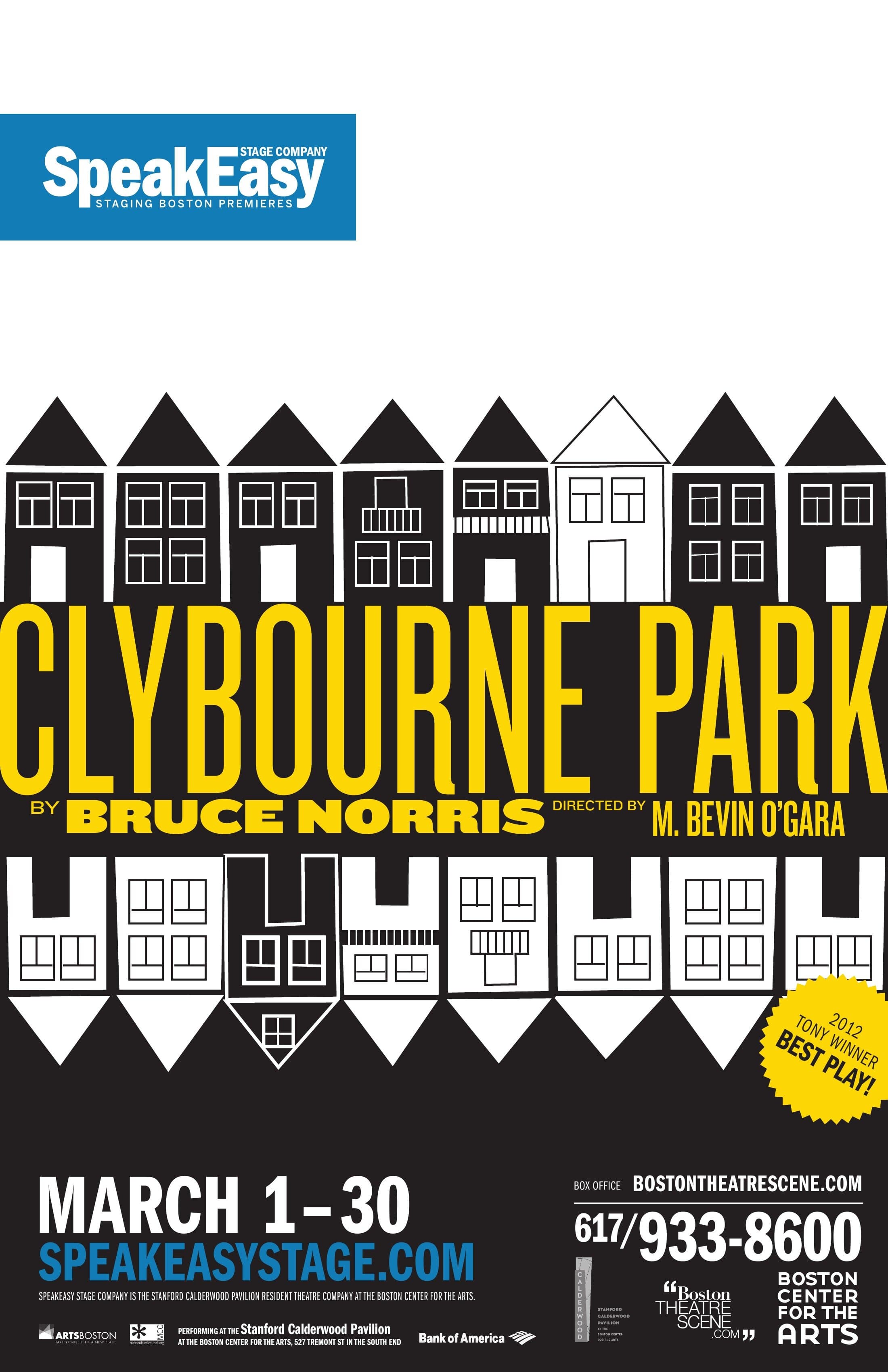 Clybourne Park by Bruce Norris: yellow CLYBOURNE PARK display caps anchored centrally between two horizontal bands of black-and-white house-front illustrations — peaked roofs above, mirrored basements below — on a pure white ground. A small 2012 Tony Winner Best Play sunburst hangs in the lower right. SpeakEasy blue lockup top-left.