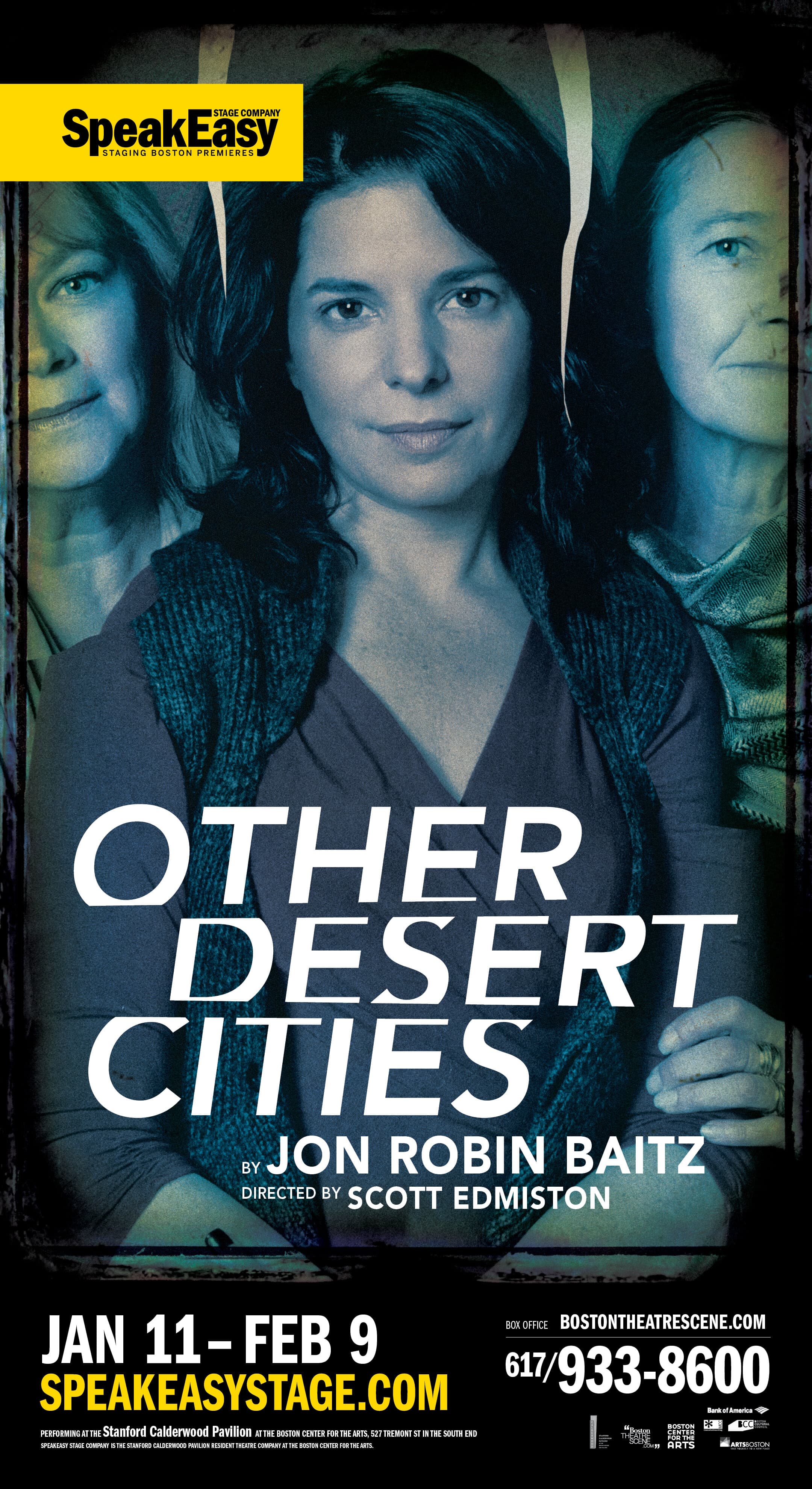Other Desert Cities by Jon Robin Baitz, blue-toned variant: a three-portrait composition of an actress in the foreground and two older women framing her at the edges, atmospheric and slightly desaturated, with OTHER DESERT CITIES set in chunky white display caps anchored low. SpeakEasy yellow lockup top-left.