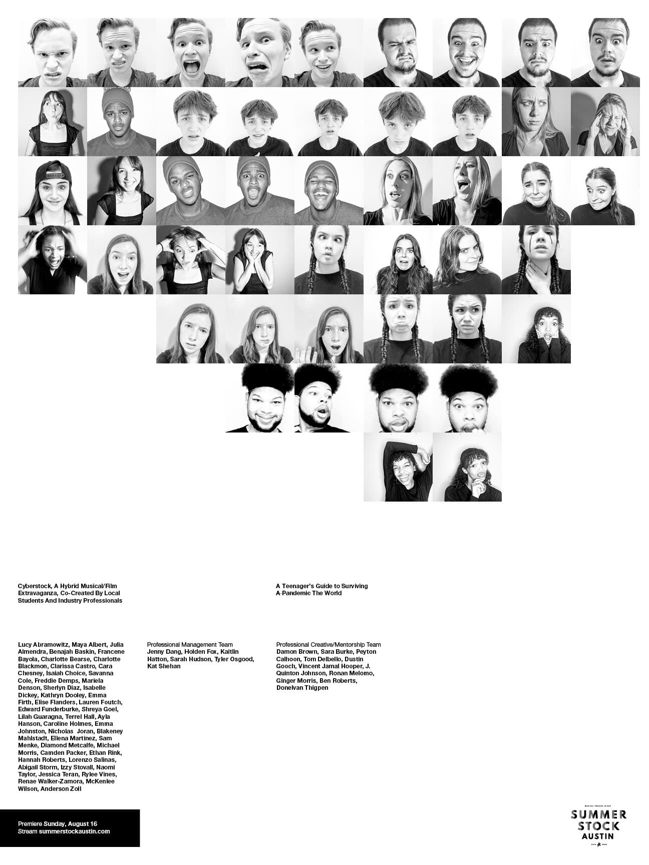 Cyberstock poster, headshot-grid variant: black-and-white passport-style portraits of the entire cast tiled into uneven rows on a white field.