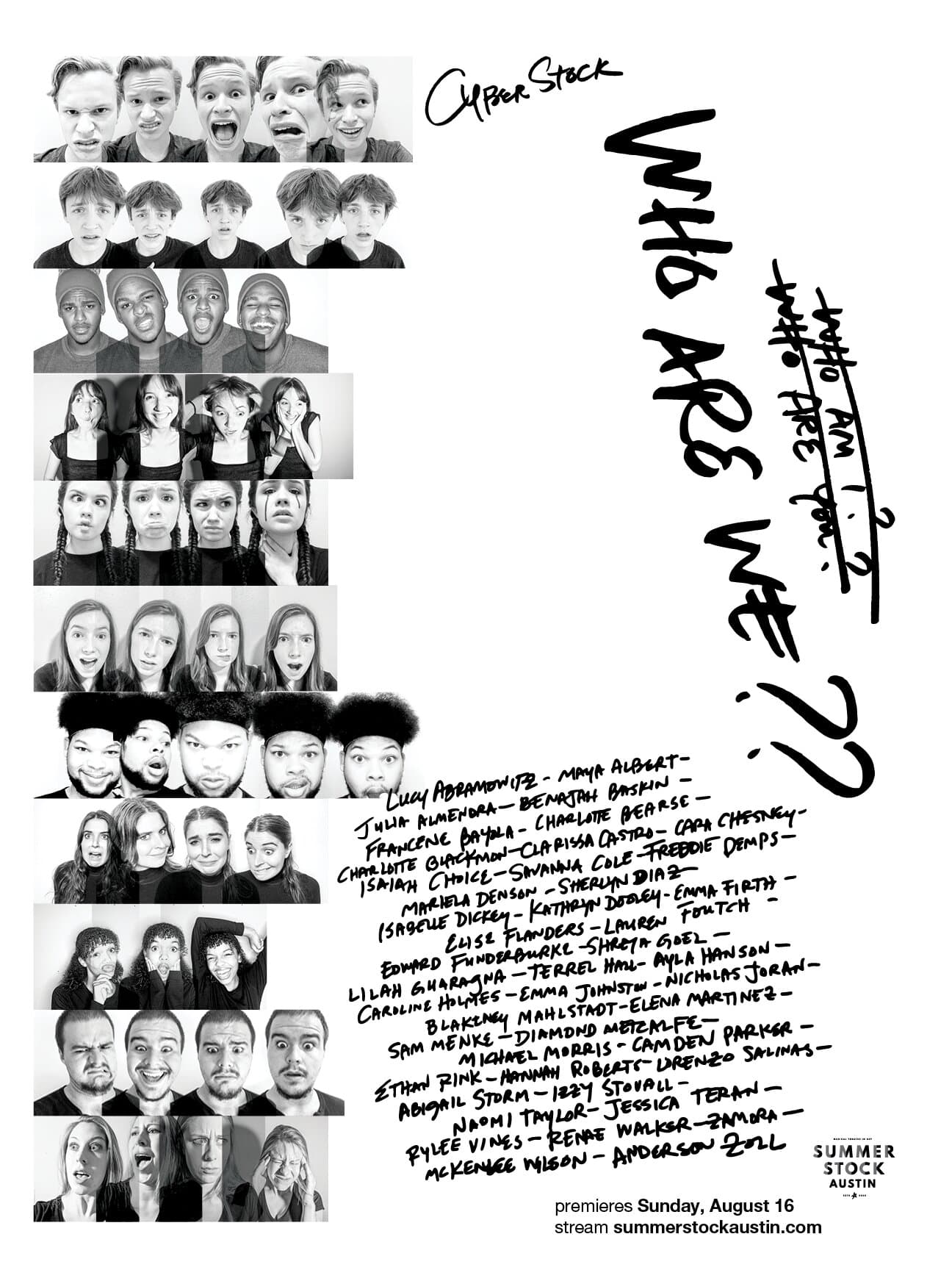 Cyberstock poster, handwritten variant: same headshot grid pulled to the left half of the sheet, with CYBER STOCK and 'Who are we??' set in marker handwriting across the right half.
