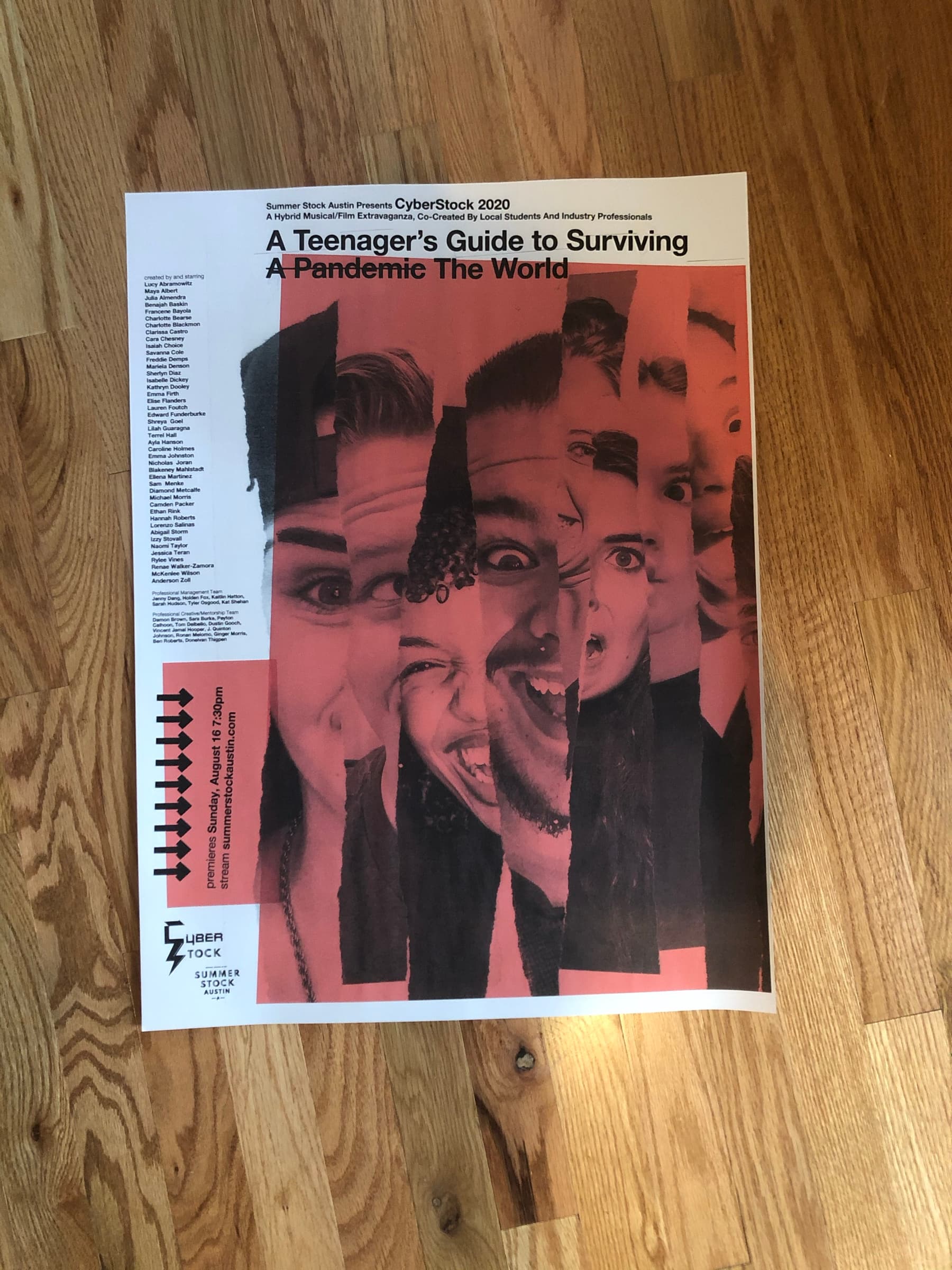 A second printed Cyberstock poster on a wood floor in scarlet halftone: same composition strategy. Two ink colors of the same poster shown side by side as production tests.