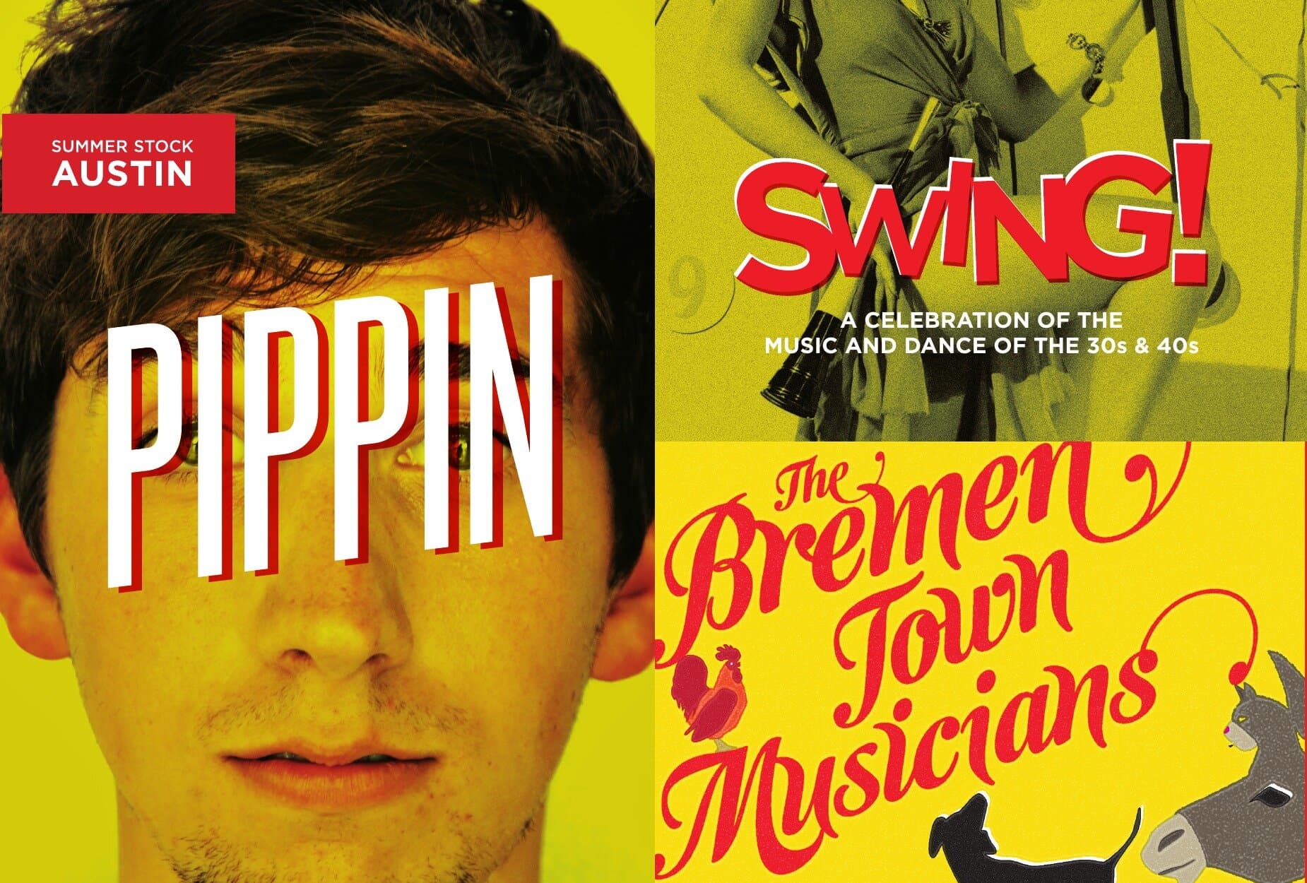 A season postcard: a 3-up of the season's posters tiled across the front. Pippin on the left in chartreuse, Swing! upper-right in yellow with a dancing couple, Bremen Town Musicians lower-right in yellow with the brush-script title and barnyard silhouettes.