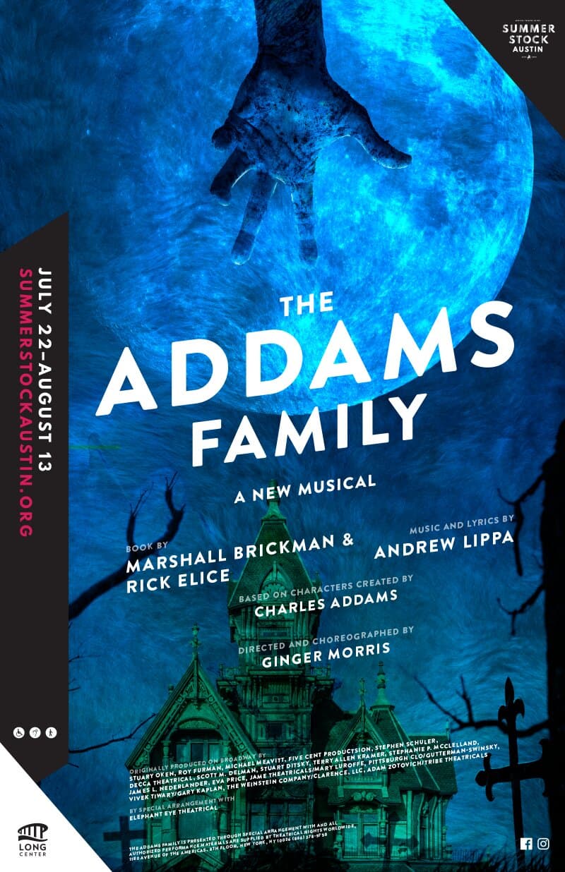 The Addams Family poster: a deep cobalt-blue night sky over the silhouetted Addams house, a giant moon and a hand silhouette reaching down from above, THE ADDAMS FAMILY: A NEW MUSICAL set in chunky white display caps anchored low against the moonlight.
