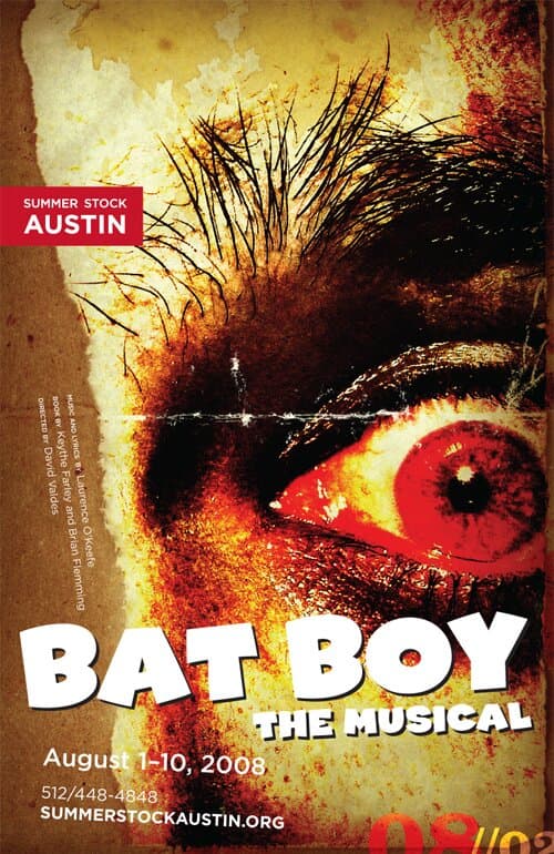 The Bat Boy The Musical poster: a distressed yellow-and-orange ground shot through with a single bloodshot eye in close-up, BAT BOY THE MUSICAL set in chunky distressed white display caps anchored low, with the red SUMMER STOCK AUSTIN corner block top-left.