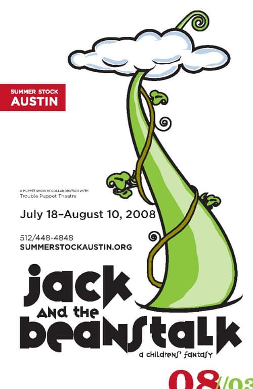 The Jack and the Beanstalk poster: a children's-book illustration of a curling green beanstalk with a small white cloud at the top, against an off-white field, with the SUMMER STOCK AUSTIN red corner block top-left and 'jack and the beanstalk: a children's fantasy' set in a hand-drawn brush display caps along the lower edge.