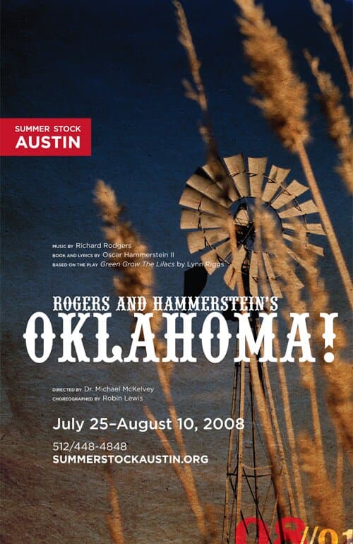 The Oklahoma! poster: a prairie sunset photograph with a single windmill silhouette and tall grass catching the last light, OKLAHOMA! set in classic outlined slab serif display caps with 'Rogers and Hammerstein's' set in italic above, and the SUMMER STOCK AUSTIN red corner block top-left.