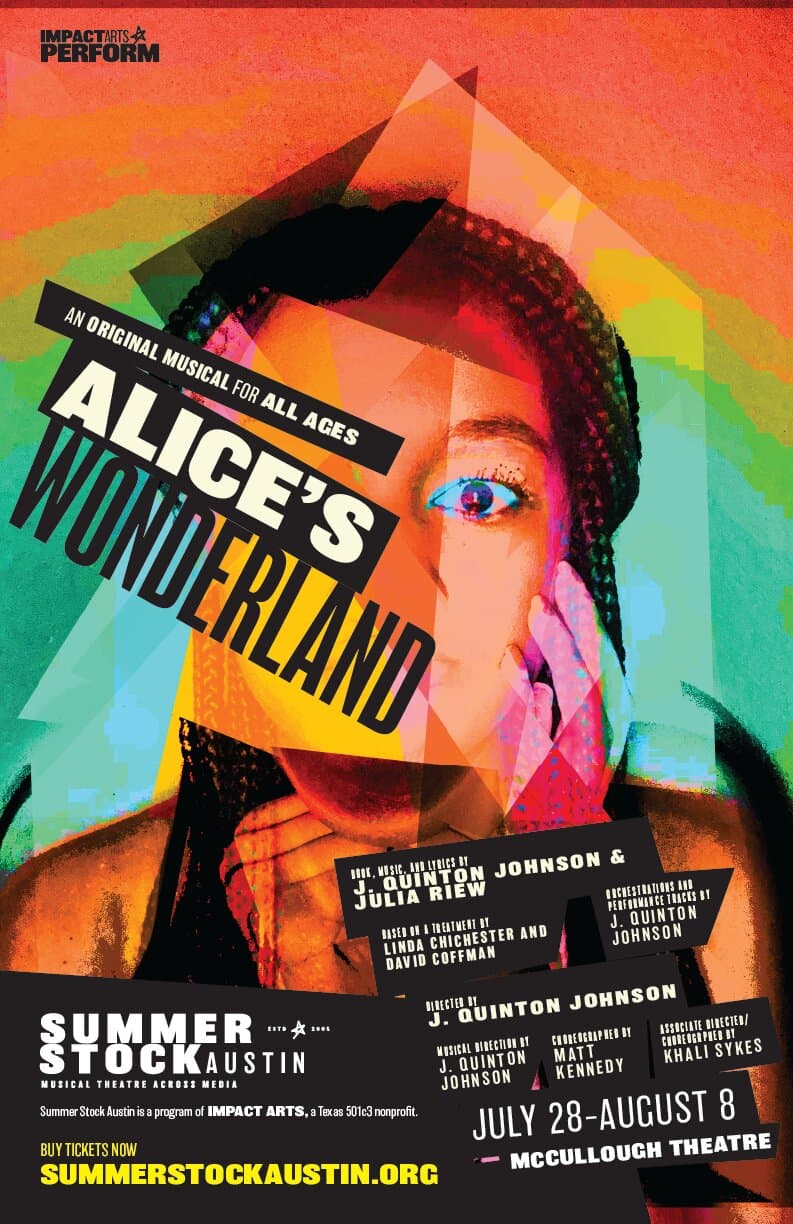 The Alice's Wonderland poster: a kaleidoscopic gradient ground in coral, magenta, teal, and lime cut into prismatic triangular shards across a young actor's face in close-up, with one eye electric blue staring out through the broken pattern. ALICE'S WONDERLAND set in chunky white-on-black tape labels in the upper-left, AN ORIGINAL MUSICAL FOR ALL AGES kicker above.