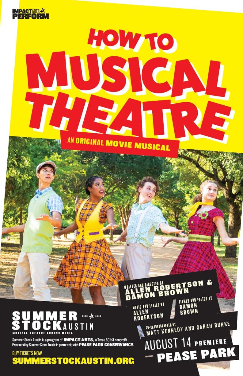 The How To Musical Theatre poster: a yellow ground with HOW TO MUSICAL THEATRE set in towering distressed red display caps with white outline, AN ORIGINAL MOVIE MUSICAL set in tape-label kicker above, and a behind-the-scenes photograph of four cast members posing in a park along the bottom third of the sheet.