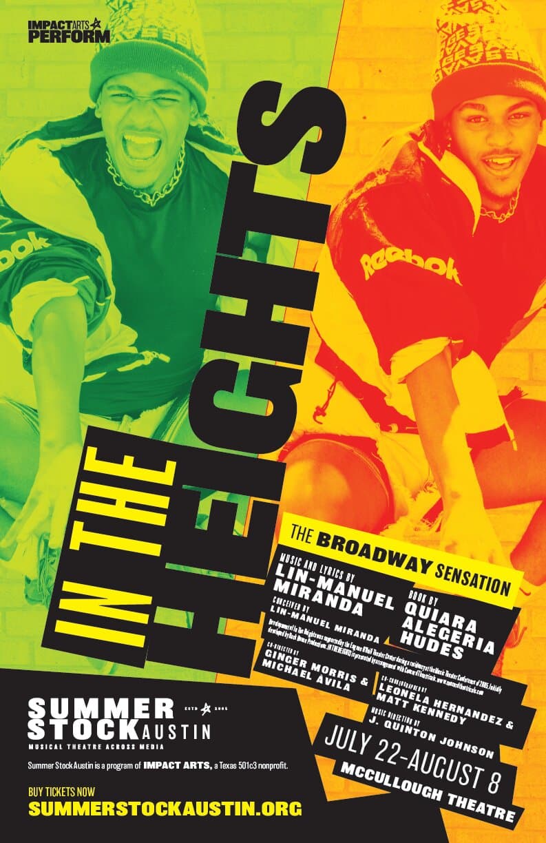 The In The Heights poster: a green-and-yellow split-portrait of two young actors mid-shout, IN THE HEIGHTS set vertically in massive black distressed display caps centered between them, THE BROADWAY SENSATION on a tape label kicker, and the Lin-Manuel Miranda / Quiara Alegria Hudes credits running in tape labels below.