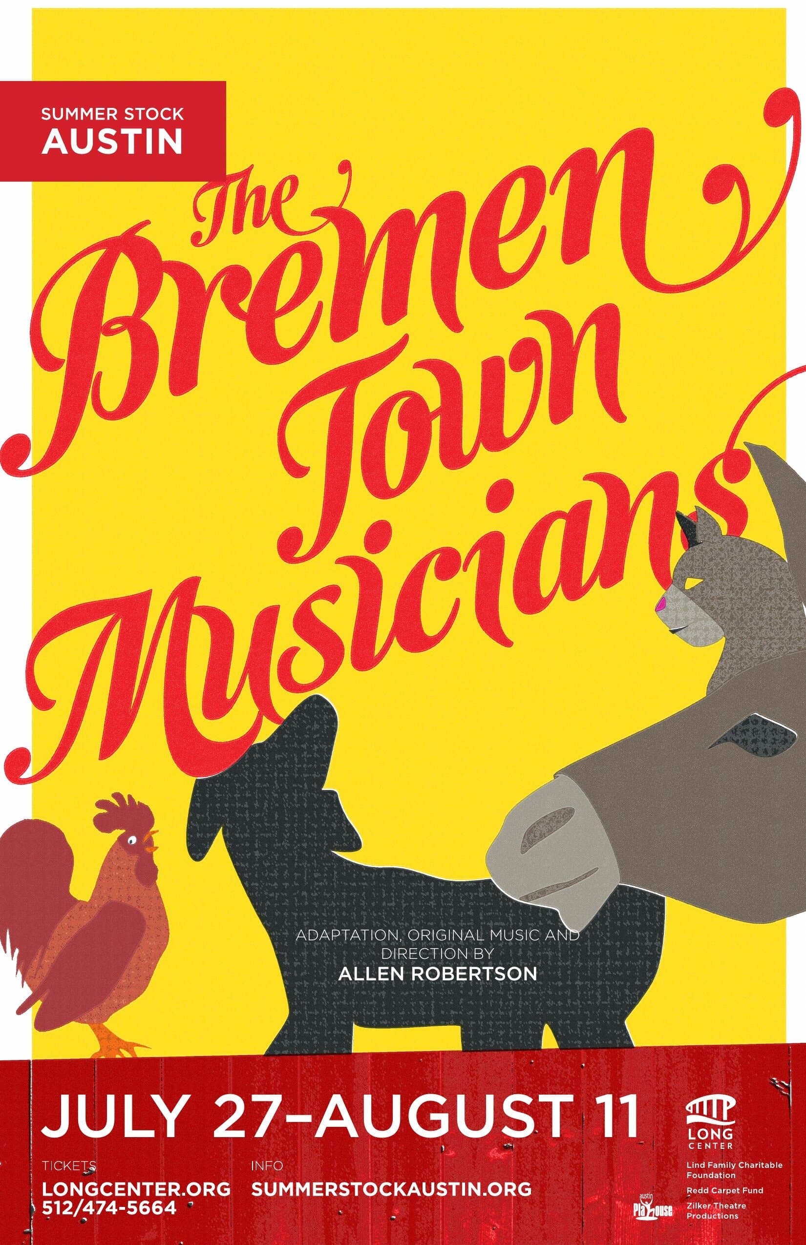 The Bremen Town Musicians poster: yellow ground with The Bremen Town Musicians set in a flowing red brush-script display, the silhouetted barnyard cast of donkey, cat, dog, and rooster in black-and-grey illustrations across the lower half, ADAPTATION, ORIGINAL MUSIC AND DIRECTION BY ALLEN ROBERTSON in caps below.