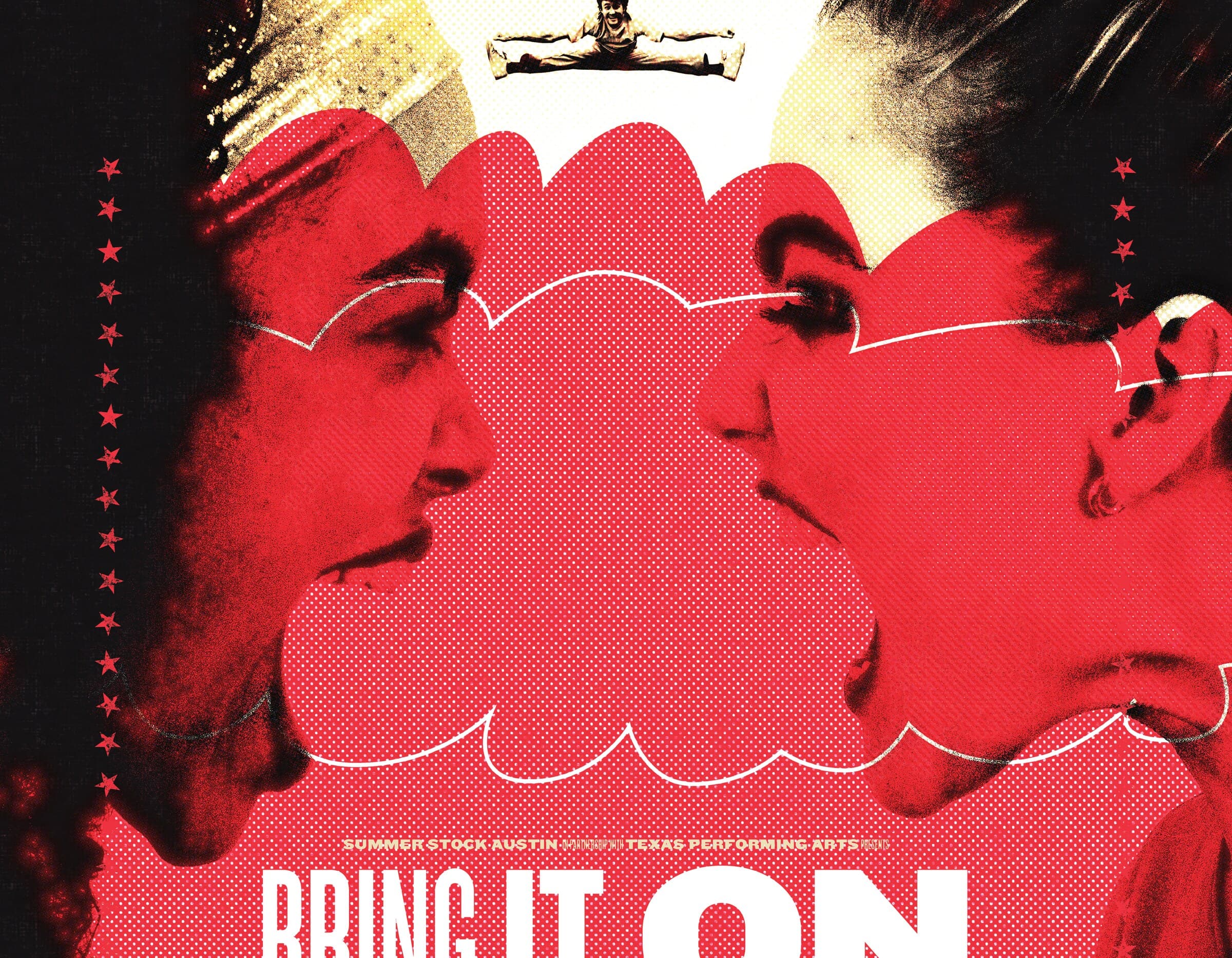 The Bring It On poster cropped wide on the focal moment: two cheerleaders in profile facing each other in scarlet halftone with a white speech-bubble cloud separating them, vertical red star bunting on the side edges, BRING IT ON beginning to read in chunky white display caps along the lower frame.