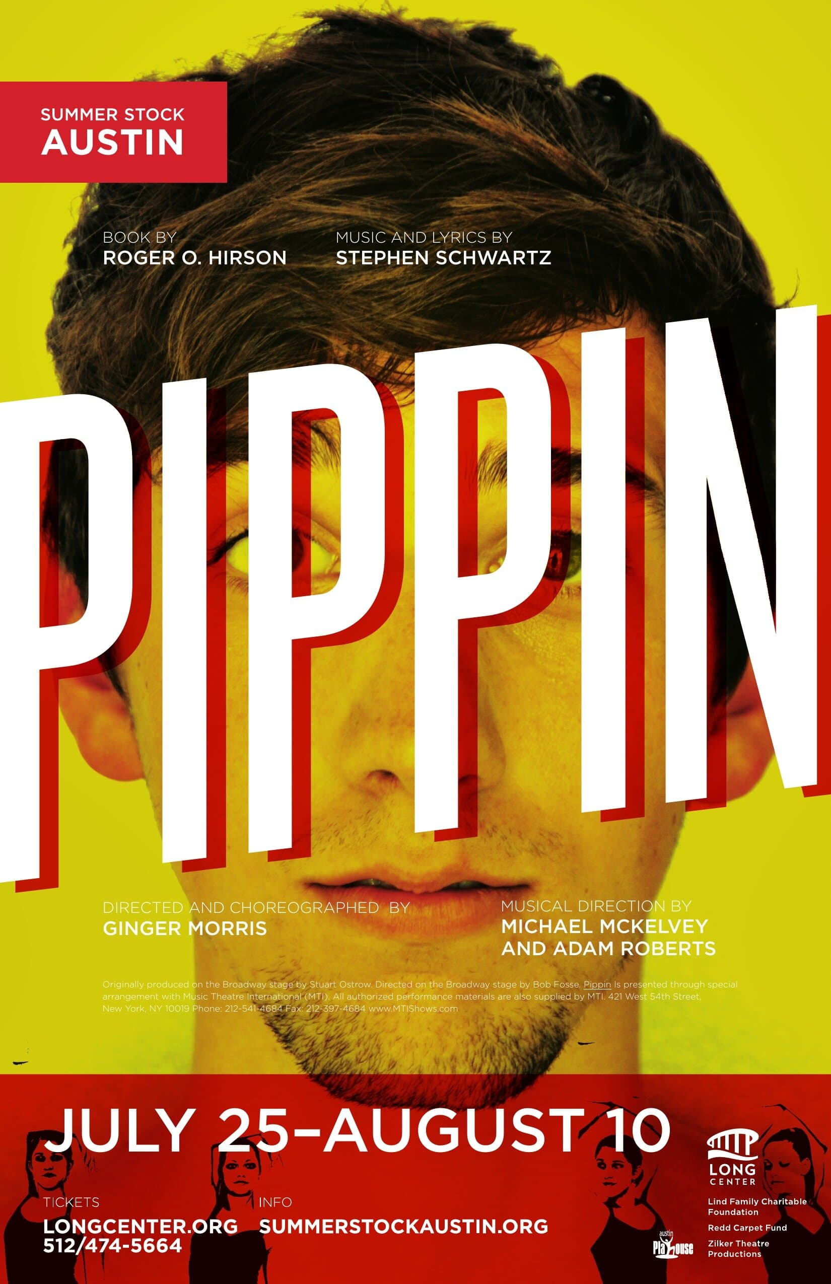 The PIPPIN poster on chartreuse-yellow with a young actor's half-face peering up, P I P P I N set in towering condensed display caps overprinted in distressed red and white, the SUMMER STOCK AUSTIN red corner block top-left.