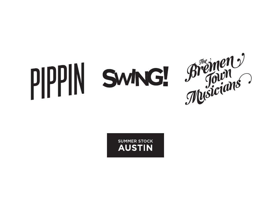 The Summer Stock Austin season t-shirt design: PIPPIN, SWING!, and The Bremen Town Musicians wordmarks rendered in solid black on a white field, lined up in a row across the chest, with the SUMMER STOCK AUSTIN corner block centered below in the parent-brand red.