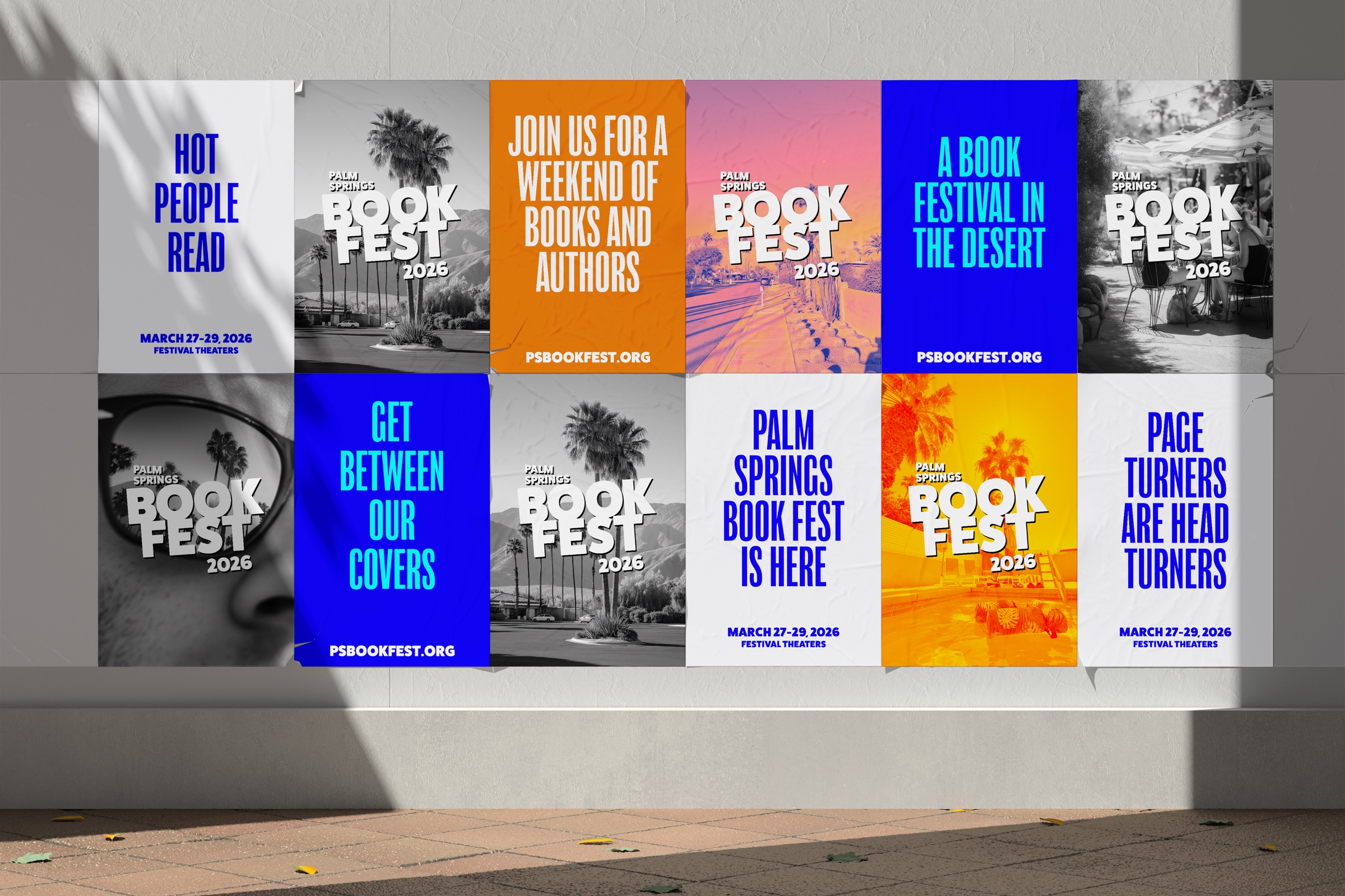An environmental mockup of two rows of Palm Springs Book Fest posters wheat-pasted to a wall, alternating typographic headlines and black-and-white photographs.
