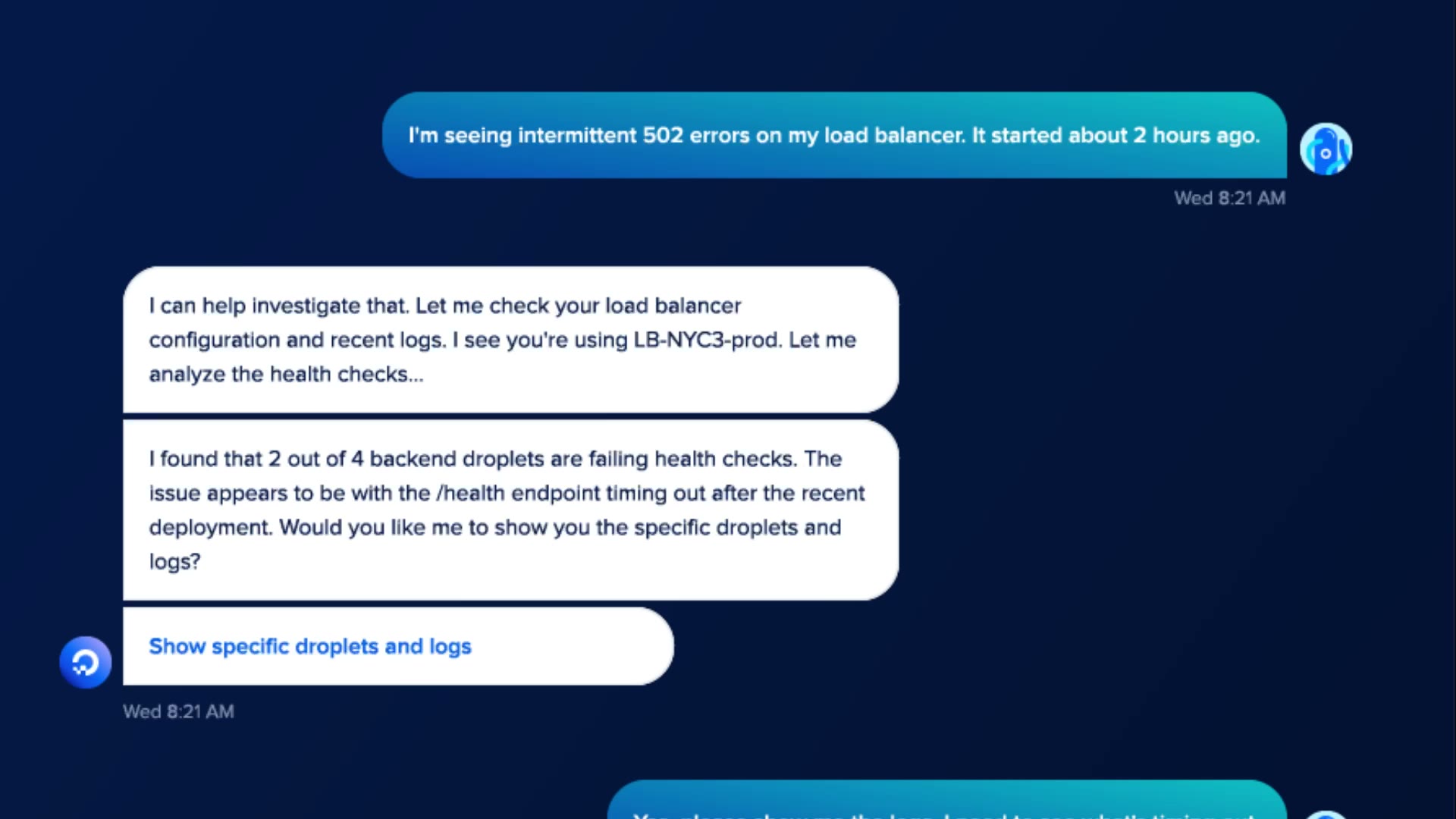 A future-state DigitalOcean infrastructure chat: a dark blue interface where a customer asks about intermittent 502 errors and the platform responds in plain language, naming the load balancer and offering to investigate specific droplets and logs.