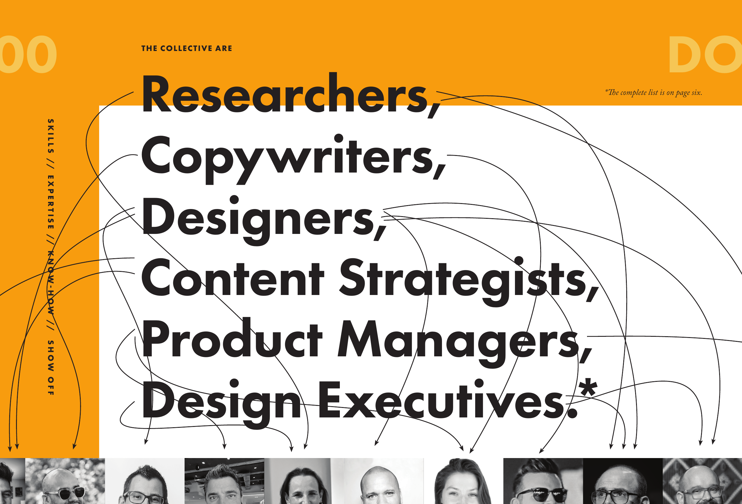 A spread from the Collective's pitch book with six job titles set big and tight on a yellow panel, hand-drawn curving connector lines linking each title down to a row of team portraits.