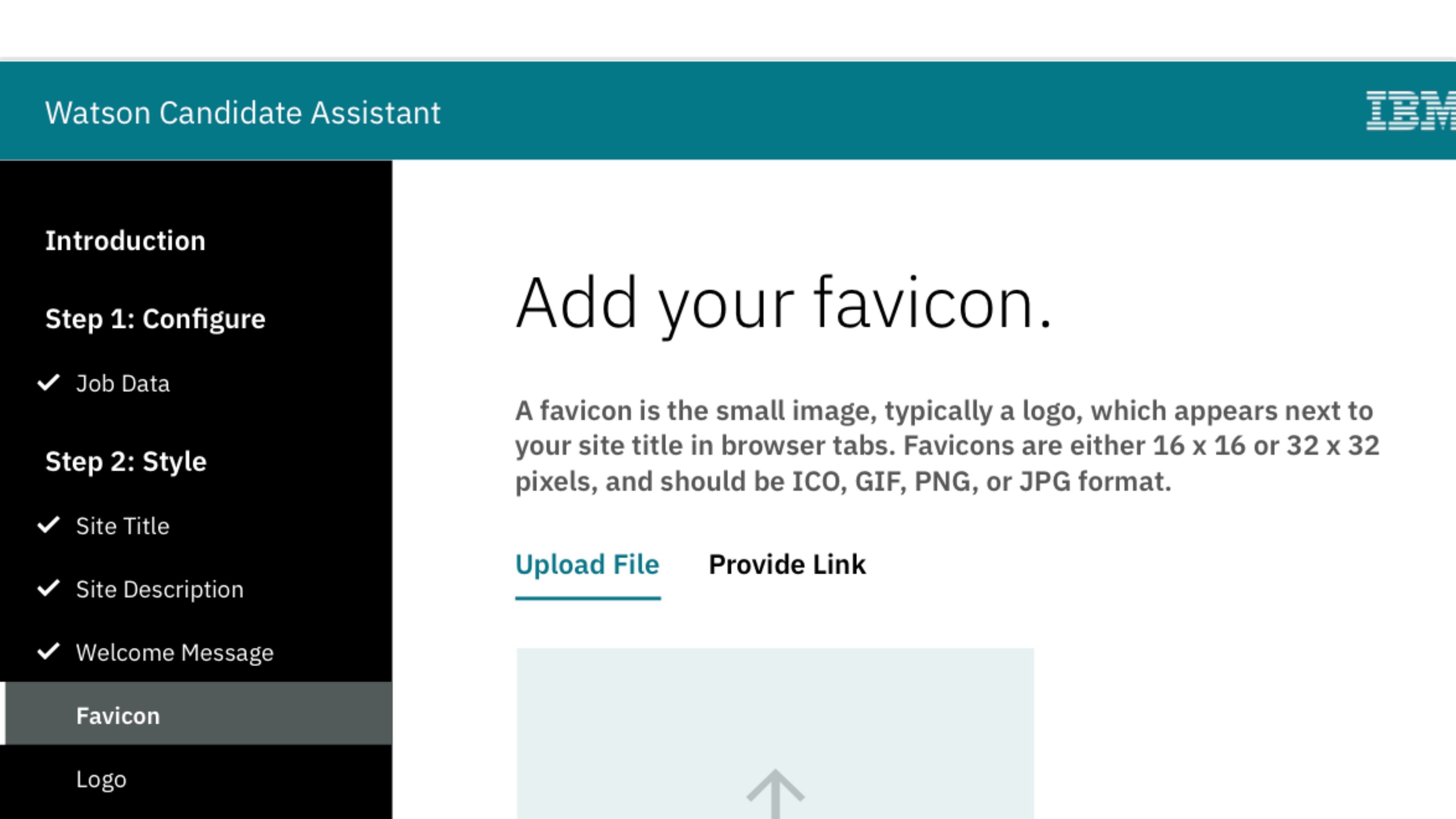A screenshot of an admin tool with a sidebar showing nested steps (Step 1 Configure with a checked Job Data, Step 2 Style with checked Site Title, Site Description, Welcome Message, and an active Favicon row). The main panel reads 'Add your favicon' with explanatory copy and an upload area.